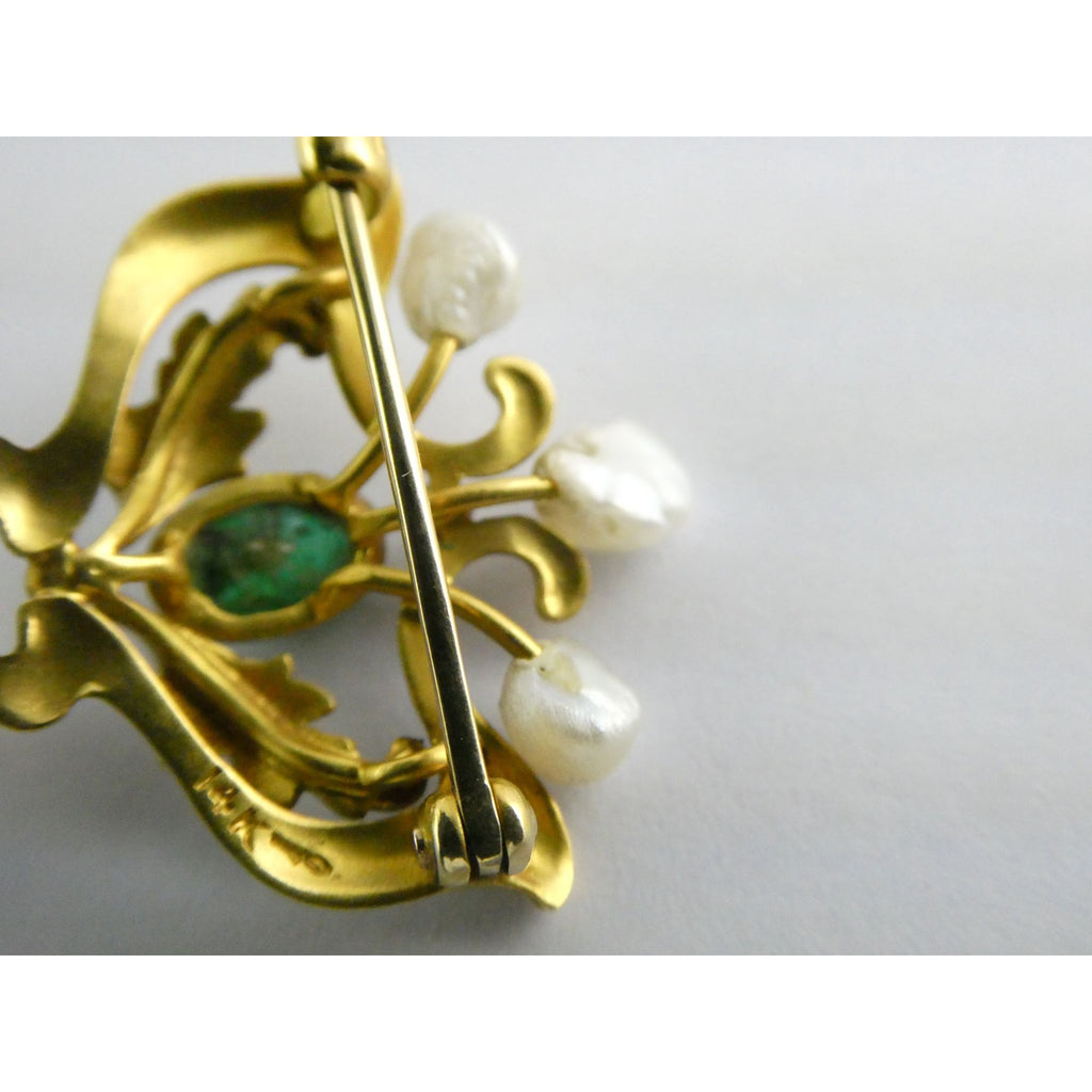 Antique Art Nouveau 14K Gold Emerald Cabochon and Baroque Pearl Pin Brooch 3.4g