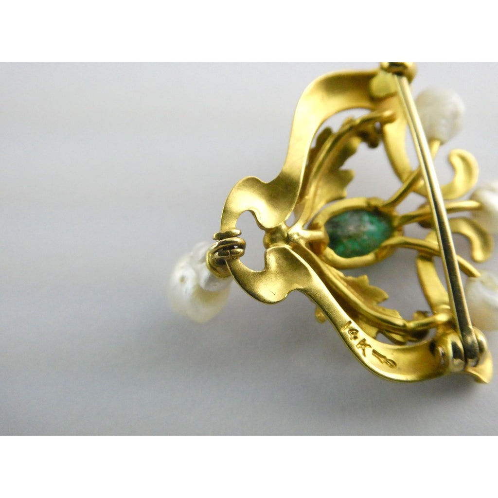 Antique Art Nouveau 14K Gold Emerald Cabochon and Baroque Pearl Pin Brooch 3.4g