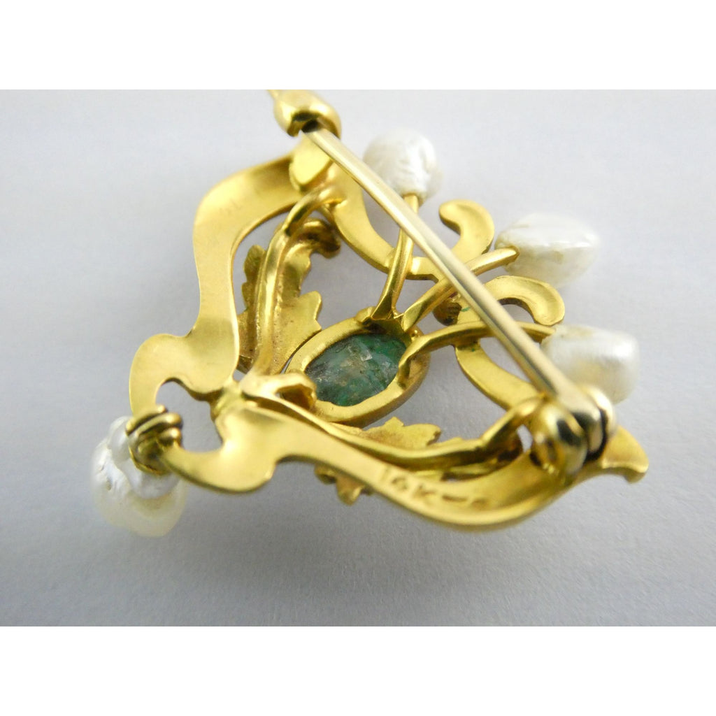 Antique Art Nouveau 14K Gold Emerald Cabochon and Baroque Pearl Pin Brooch 3.4g