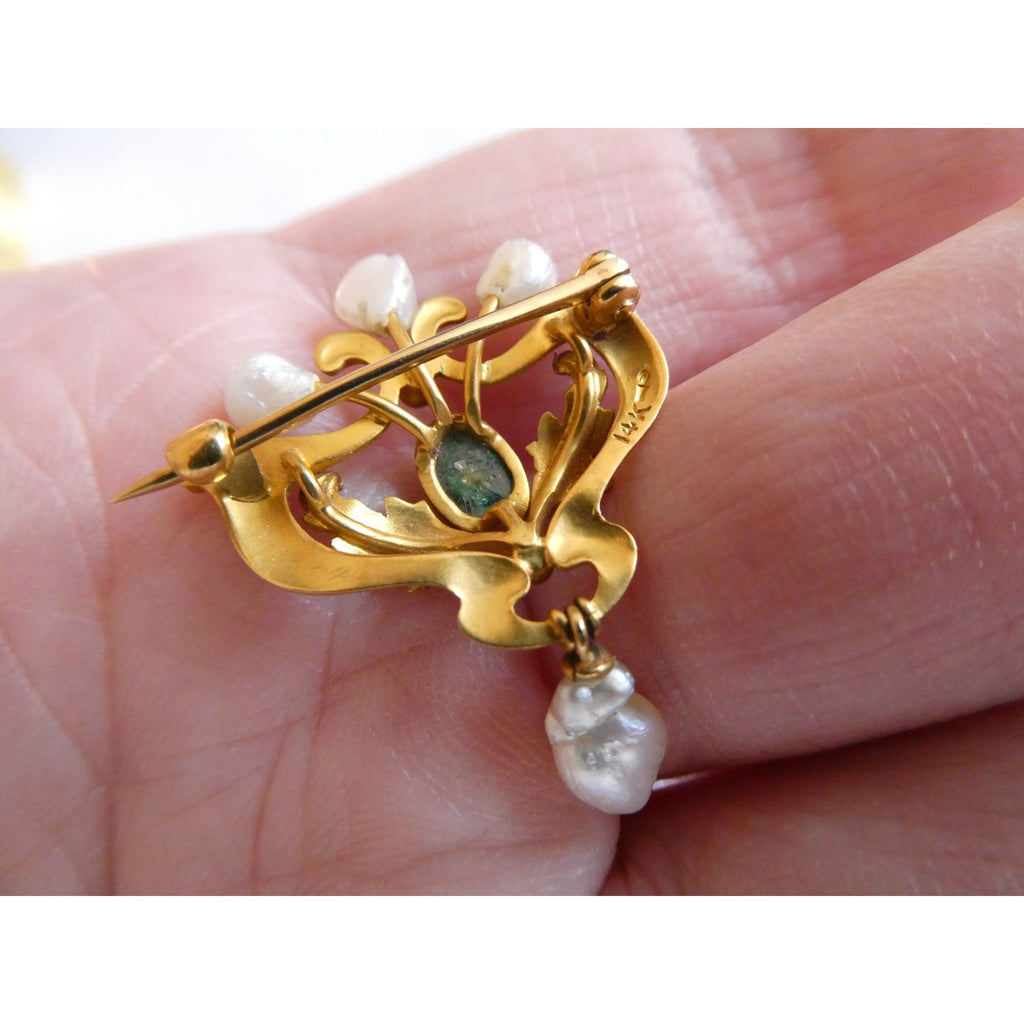 Antique Art Nouveau 14K Gold Emerald Cabochon and Baroque Pearl Pin Brooch 3.4g