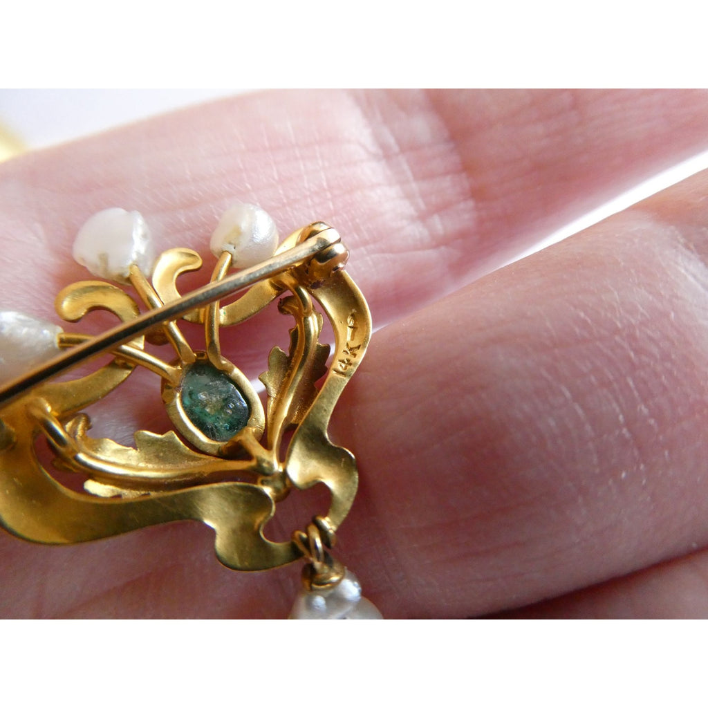 Antique Art Nouveau 14K Gold Emerald Cabochon and Baroque Pearl Pin Brooch 3.4g