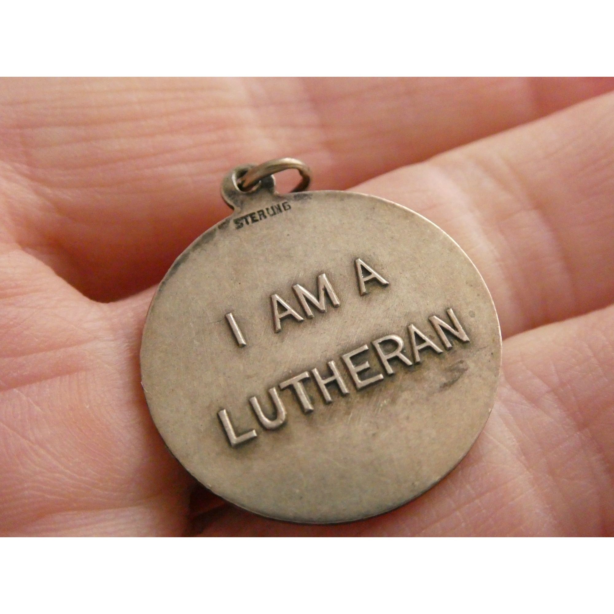Vintage Sterling Silver I Am A Lutheran Religious Medal Pendant 7.2g 24mm Round