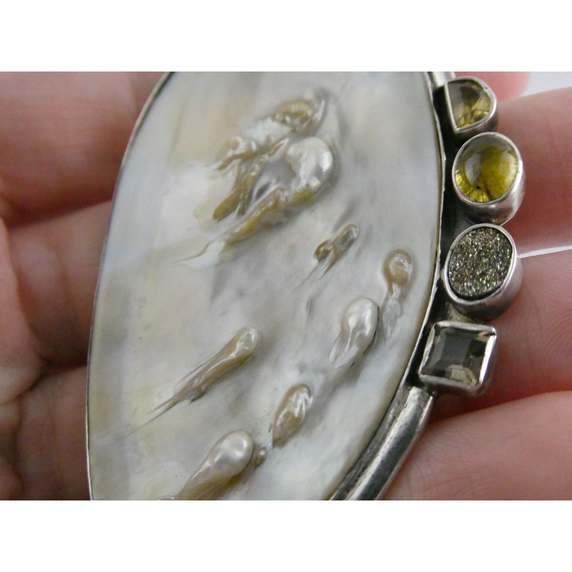 Amy Kahn Russell Sterling Silver MOP Shell Blister Pearl Multi Gem Pin Pendant