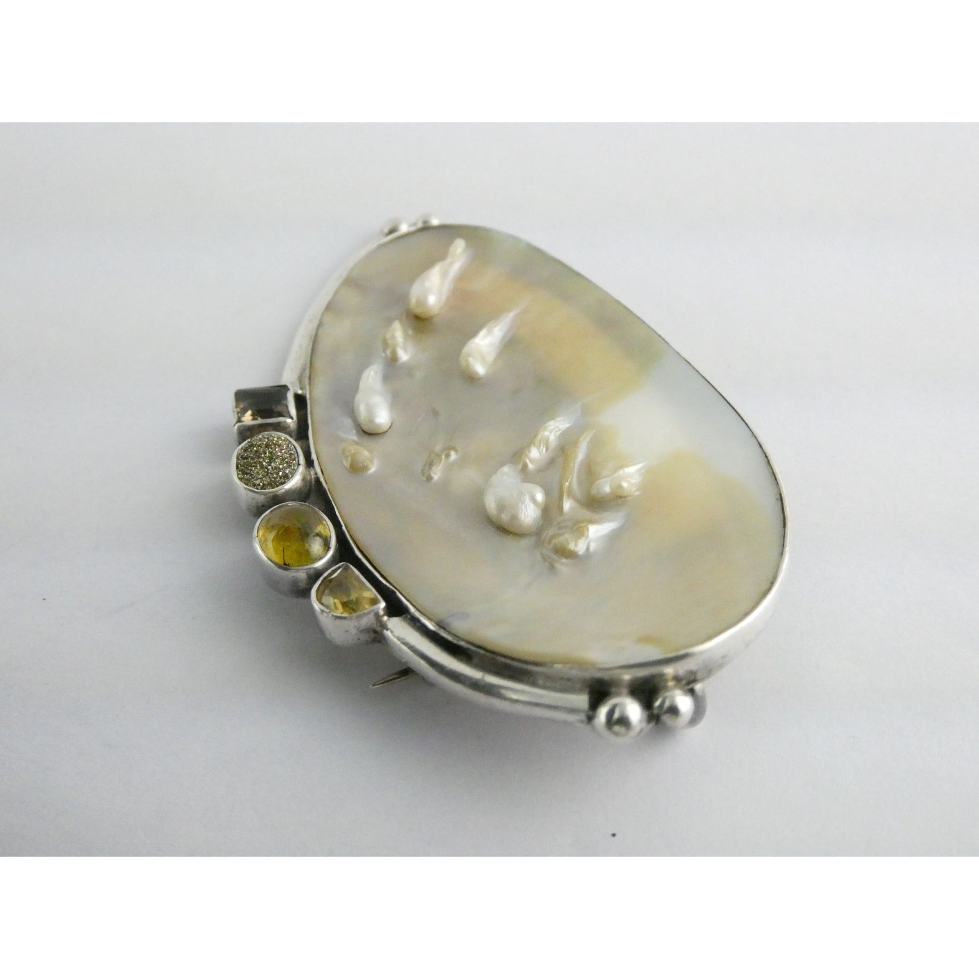 Amy Kahn Russell Sterling Silver MOP Shell Blister Pearl Multi Gem Pin Pendant