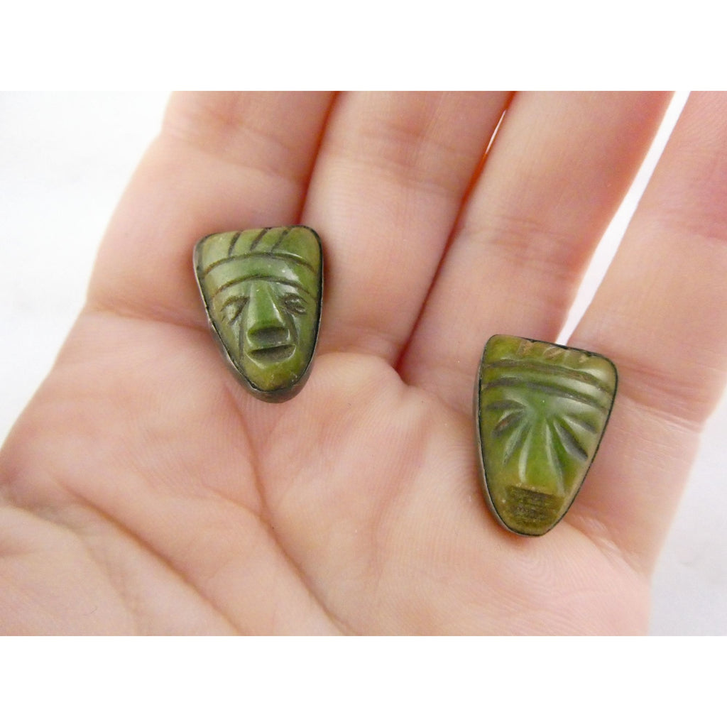 Vintage Mexican Sterling Silver Green Hardstone Jade Face Screwback Earrings
