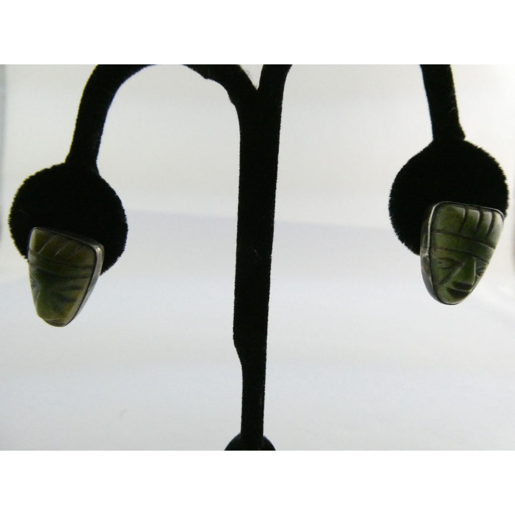 Vintage Mexican Sterling Silver Green Hardstone Jade Face Screwback Earrings
