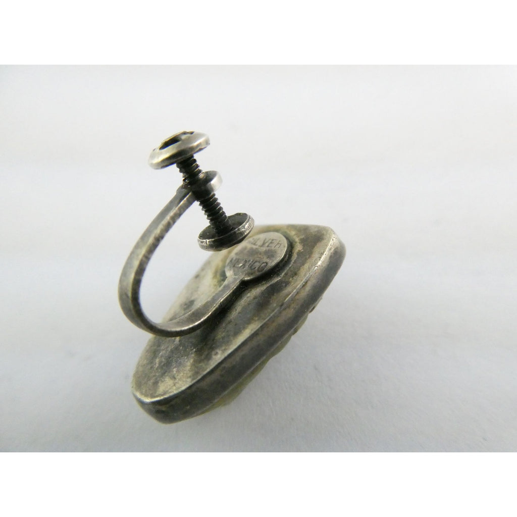 Vintage Mexican Sterling Silver Green Hardstone Jade Face Screwback Earrings