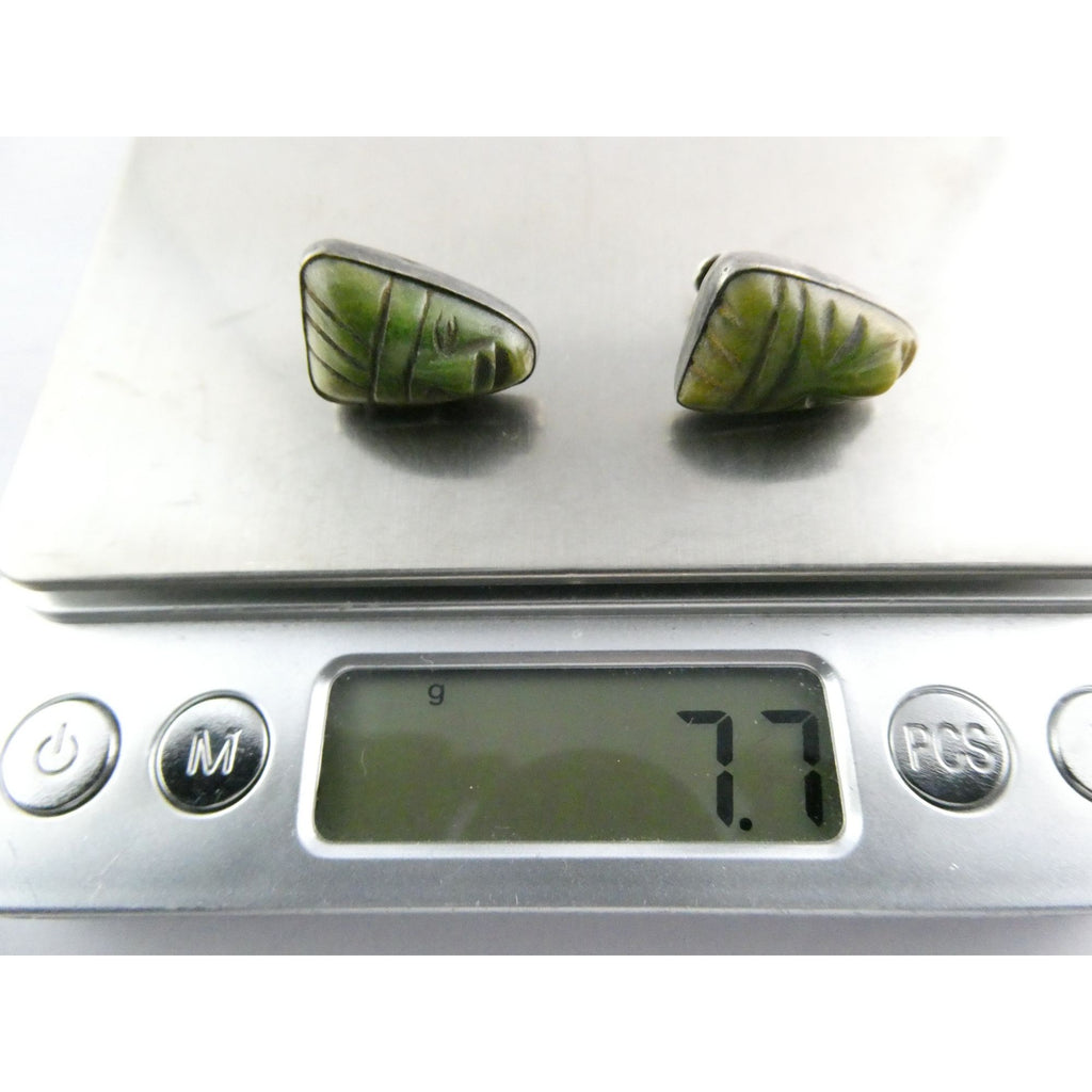 Vintage Mexican Sterling Silver Green Hardstone Jade Face Screwback Earrings