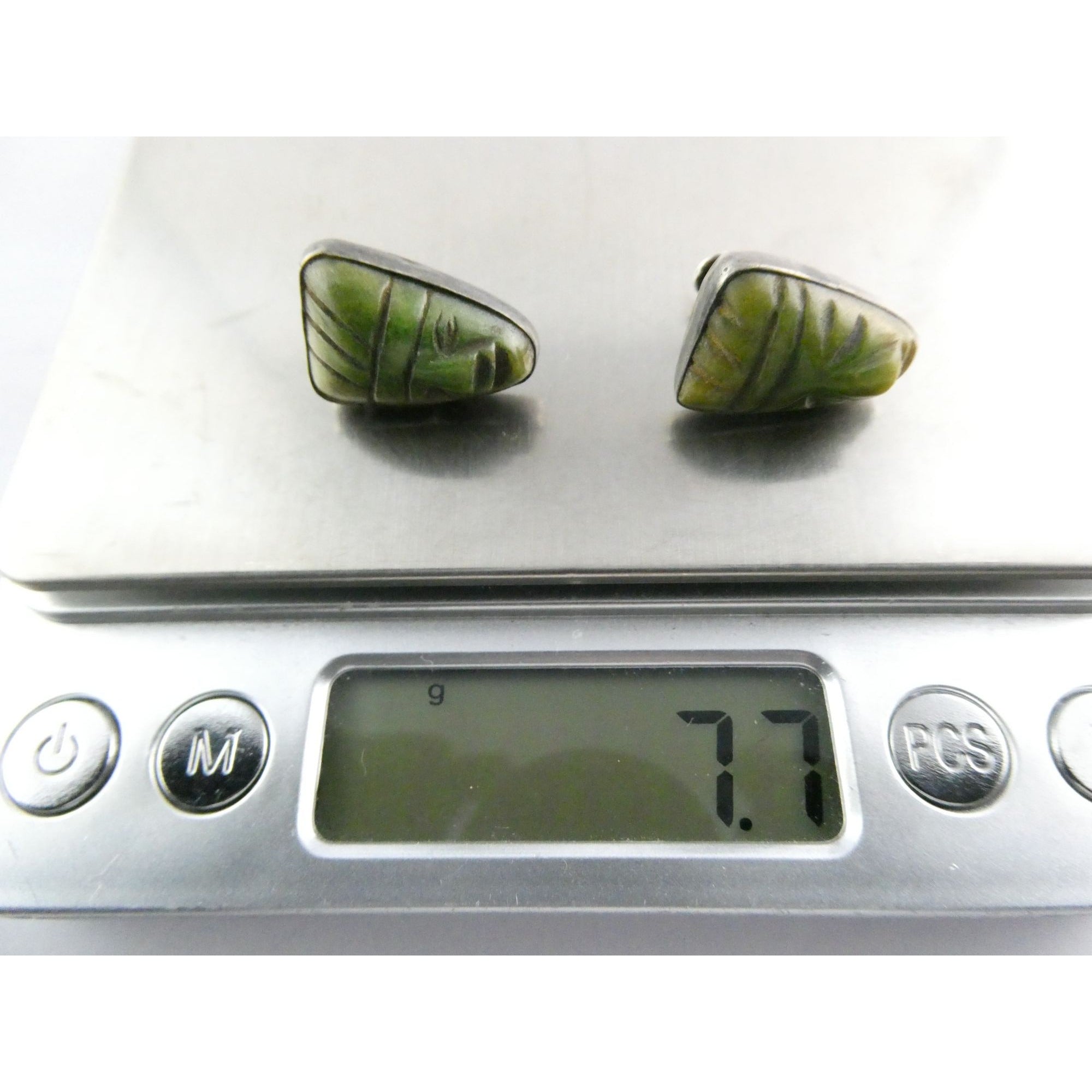 Vintage Mexican Sterling Silver Green Hardstone Jade Face Screwback Earrings