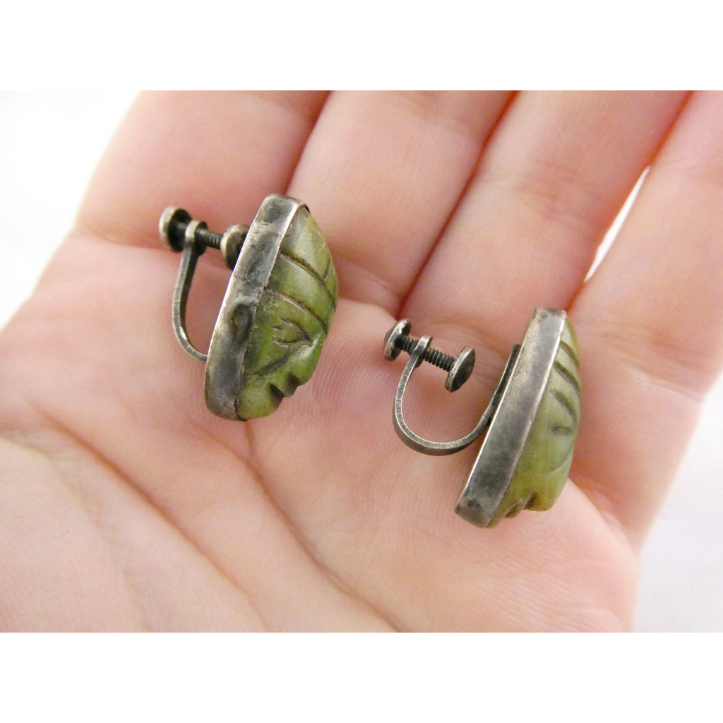 Vintage Mexican Sterling Silver Green Hardstone Jade Face Screwback Earrings