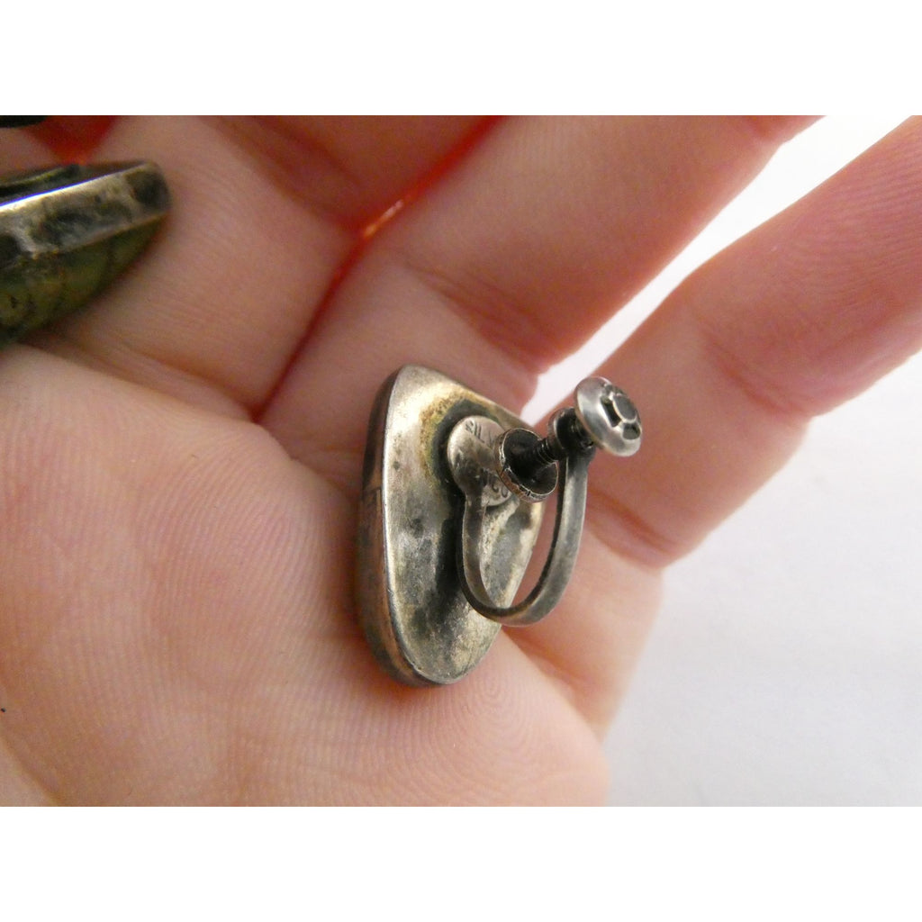 Vintage Mexican Sterling Silver Green Hardstone Jade Face Screwback Earrings