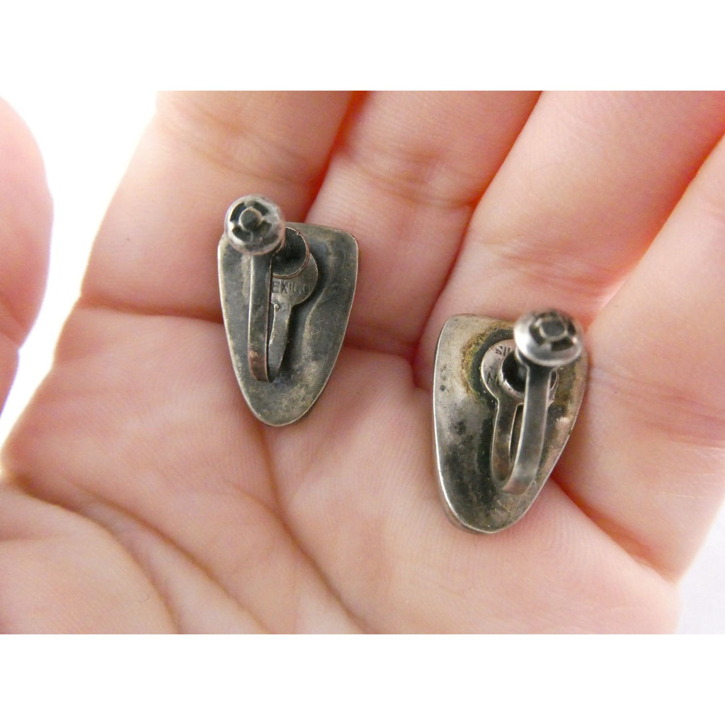 Vintage Mexican Sterling Silver Green Hardstone Jade Face Screwback Earrings