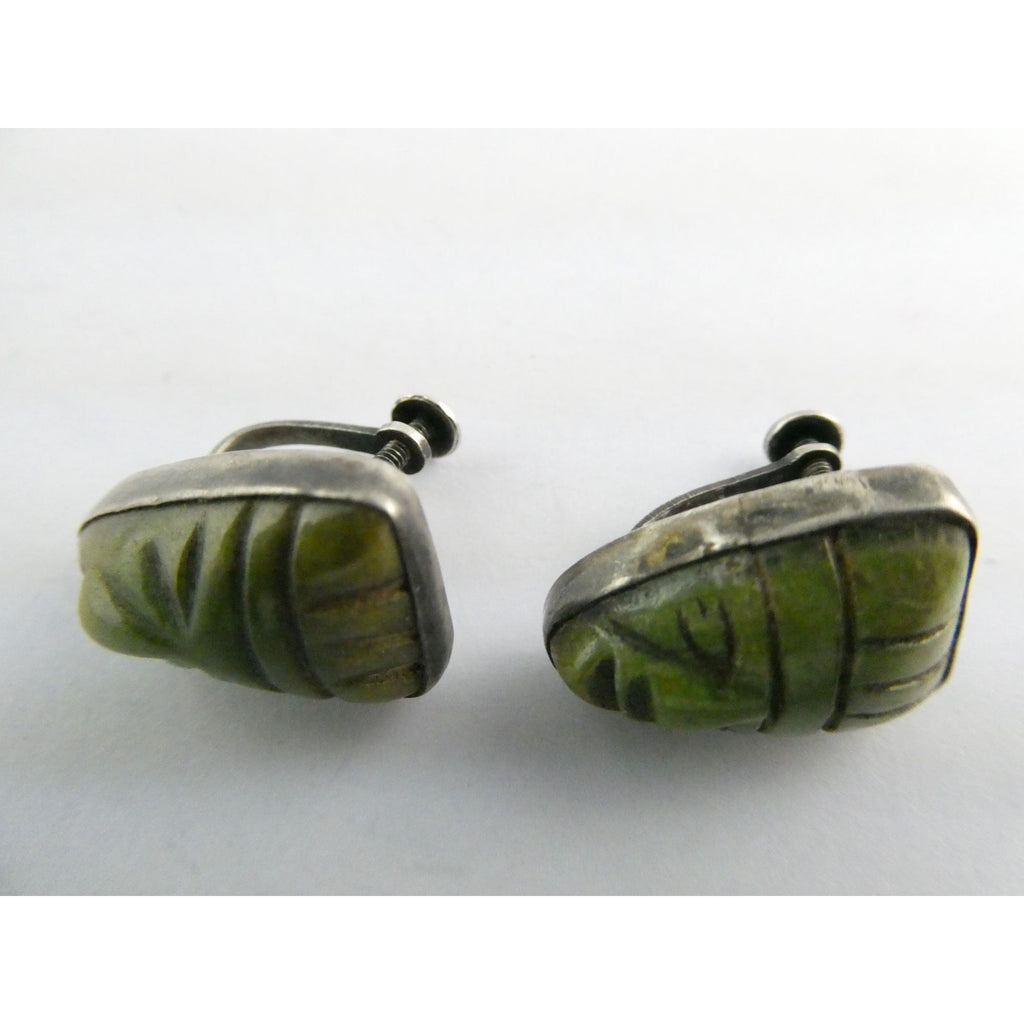 Vintage Mexican Sterling Silver Green Hardstone Jade Face Screwback Earrings