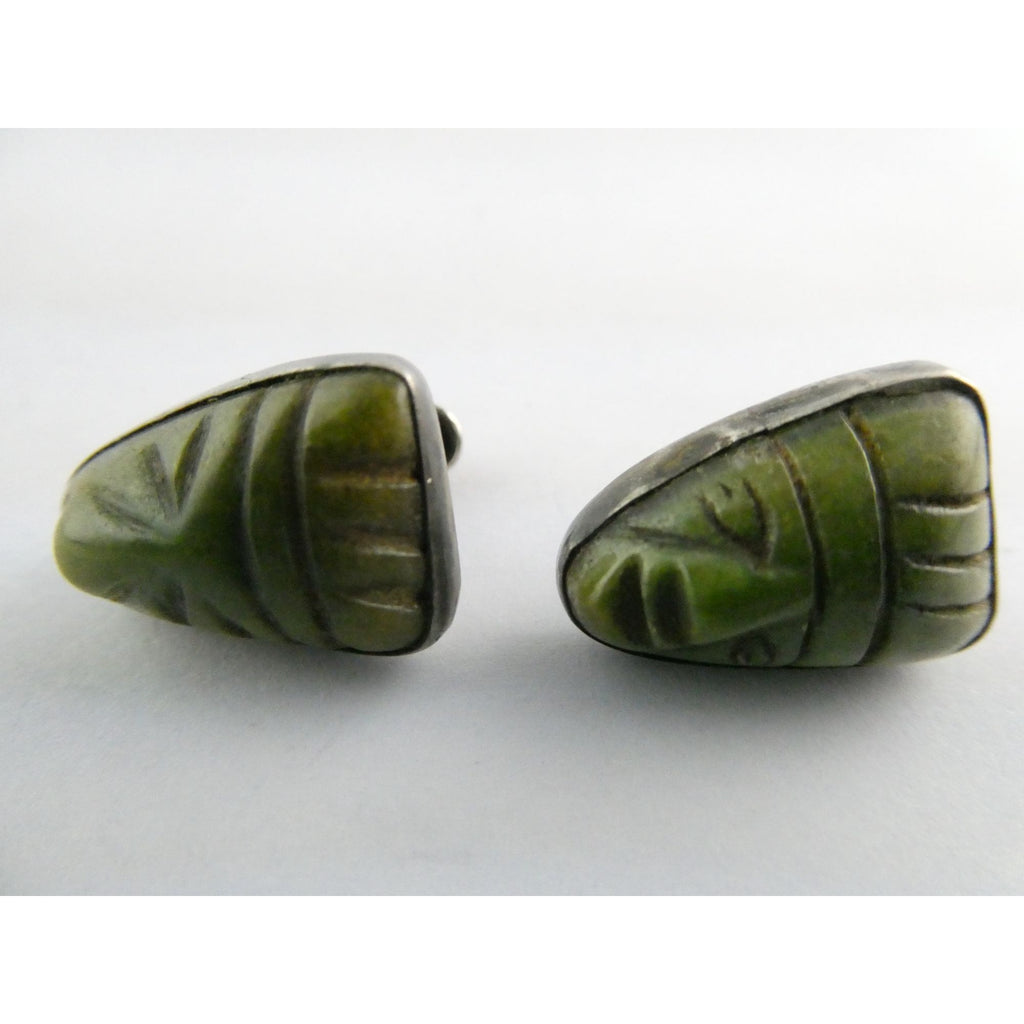 Vintage Mexican Sterling Silver Green Hardstone Jade Face Screwback Earrings