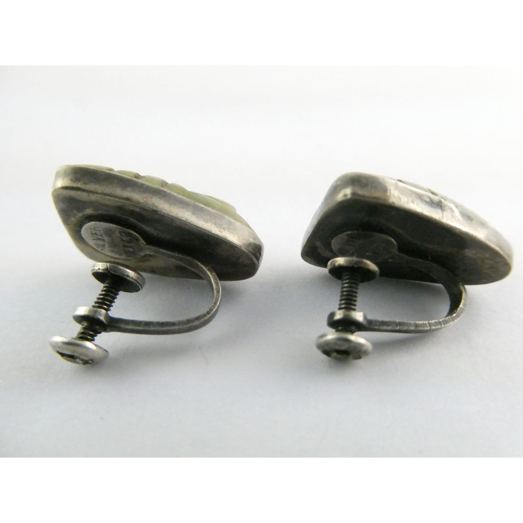 Vintage Mexican Sterling Silver Green Hardstone Jade Face Screwback Earrings