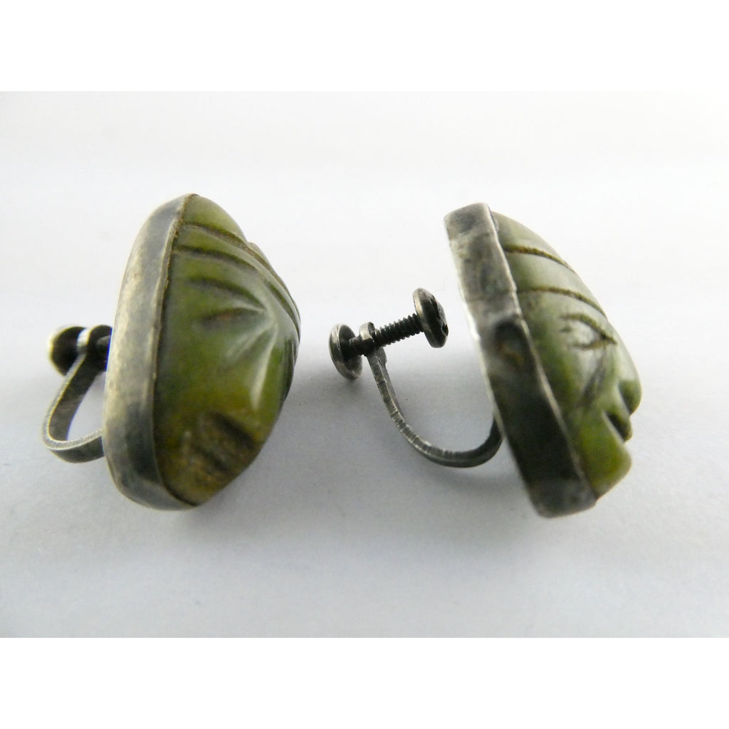 Vintage Mexican Sterling Silver Green Hardstone Jade Face Screwback Earrings
