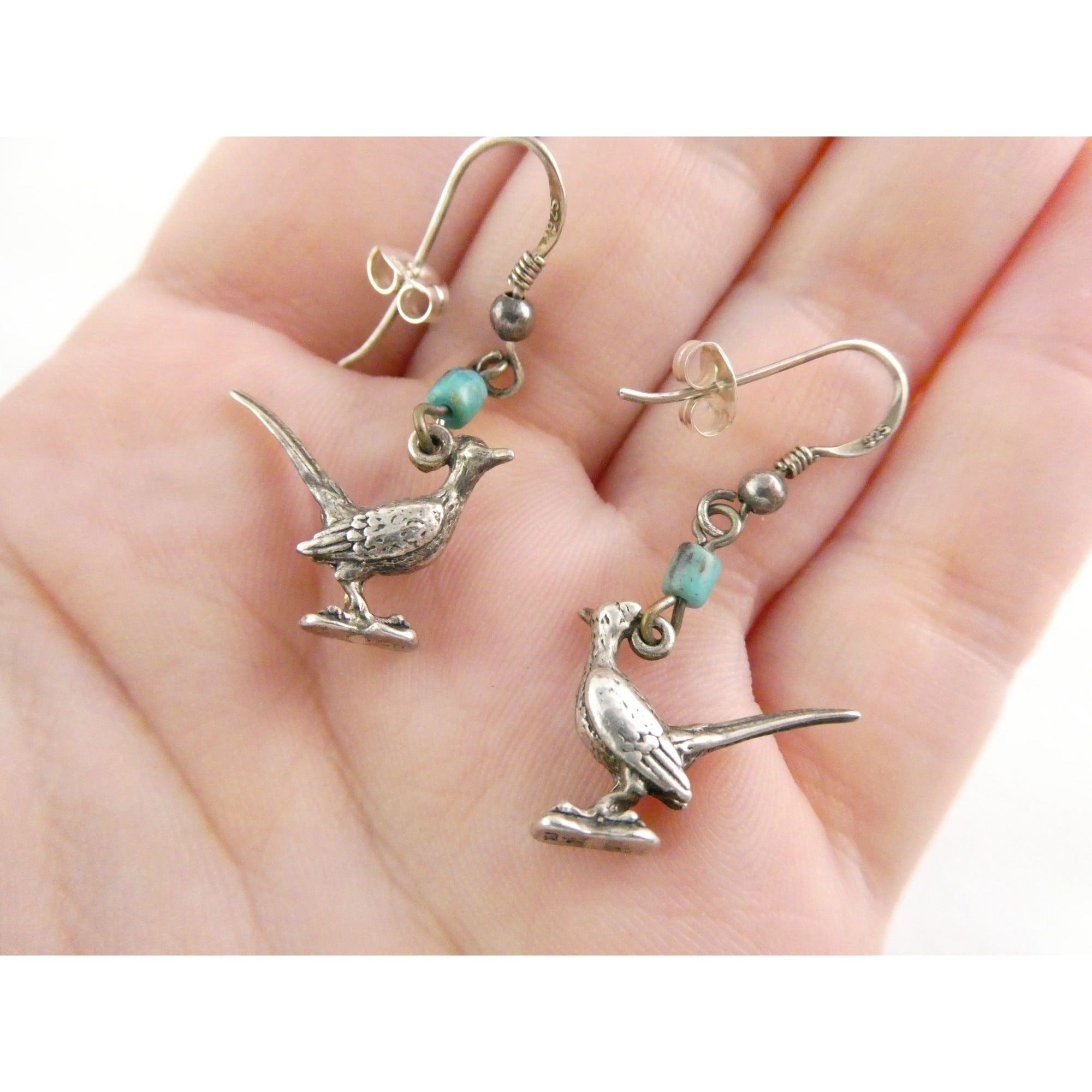 Vintage Southwestern Sterling Silver Road Runner Bird Turquoise Earrings 4.8g