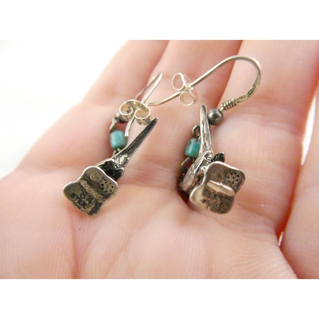 Vintage Southwestern Sterling Silver Road Runner Bird Turquoise Earrings 4.8g