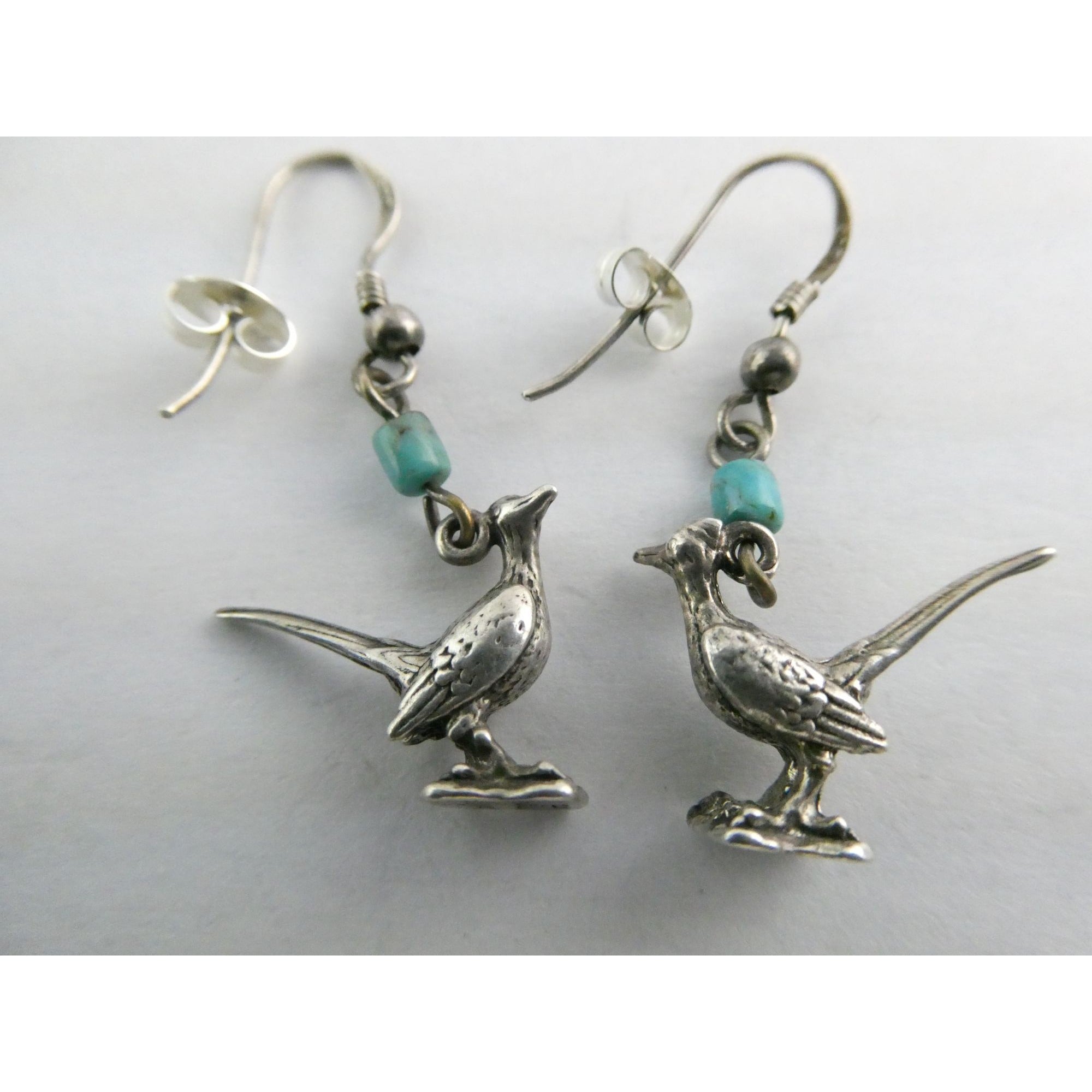 Vintage Southwestern Sterling Silver Road Runner Bird Turquoise Earrings 4.8g