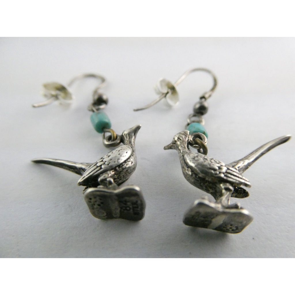 Vintage Southwestern Sterling Silver Road Runner Bird Turquoise Earrings 4.8g