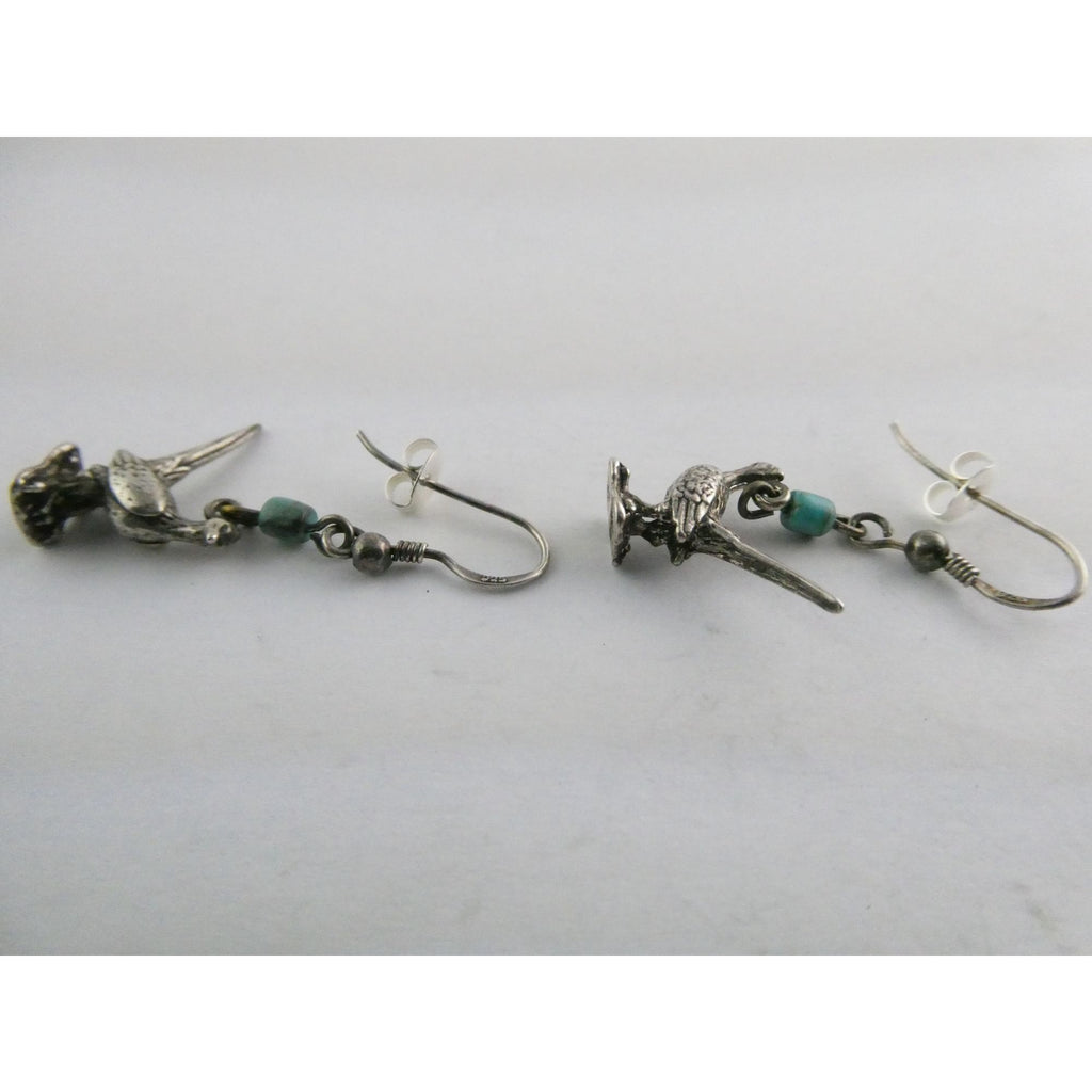 Vintage Southwestern Sterling Silver Road Runner Bird Turquoise Earrings 4.8g
