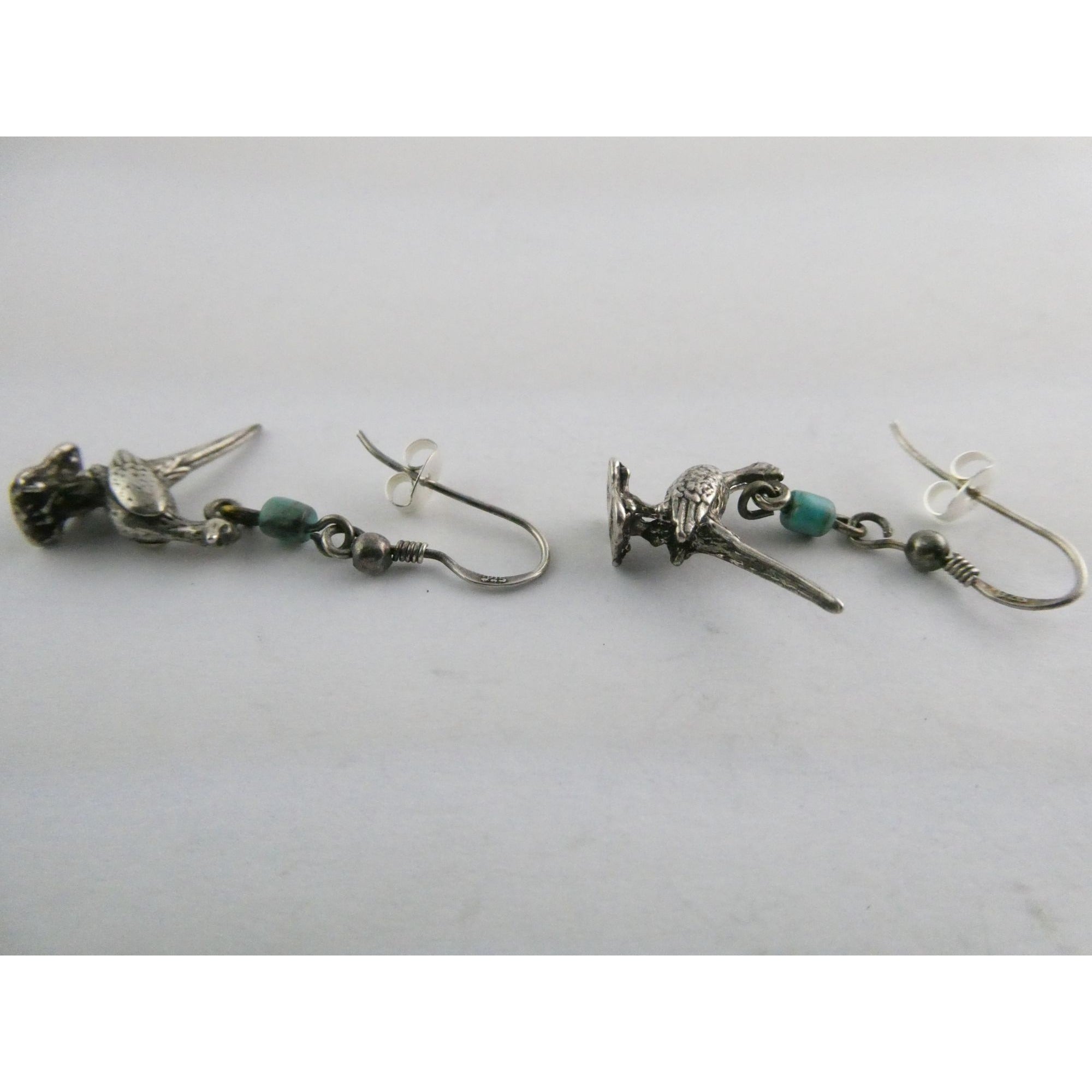 Vintage Southwestern Sterling Silver Road Runner Bird Turquoise Earrings 4.8g