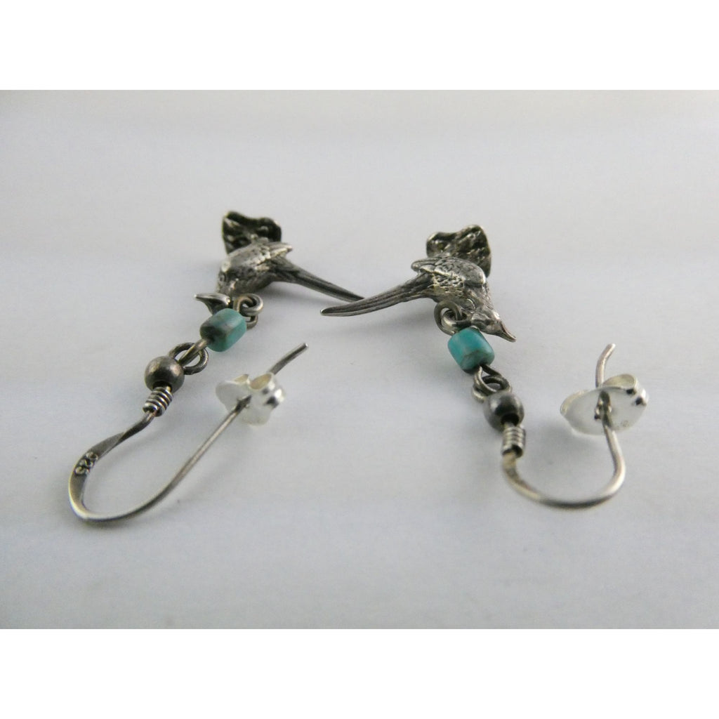 Vintage Southwestern Sterling Silver Road Runner Bird Turquoise Earrings 4.8g