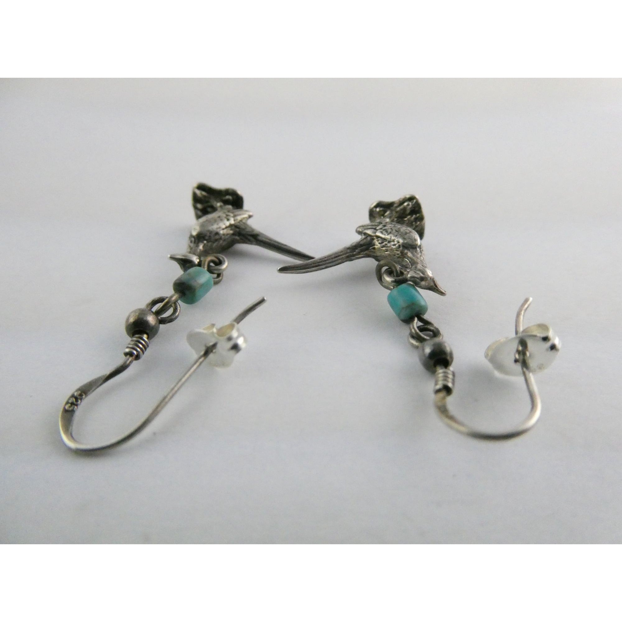 Vintage Southwestern Sterling Silver Road Runner Bird Turquoise Earrings 4.8g