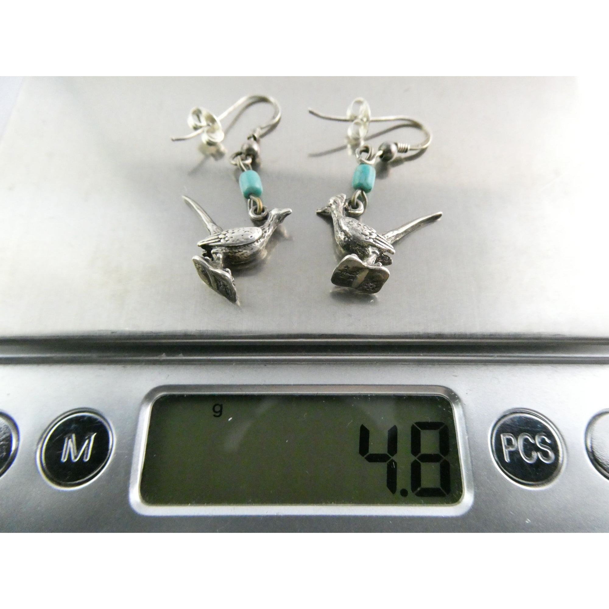 Vintage Southwestern Sterling Silver Road Runner Bird Turquoise Earrings 4.8g