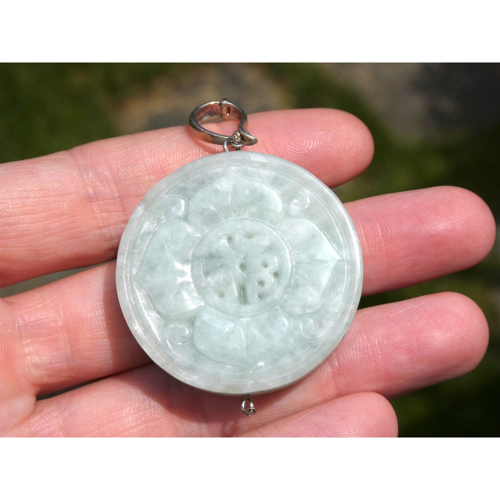 Antique Sterling Silver Chinese Carved Celadon Jade Disc Pendant Enhancer 45.9g