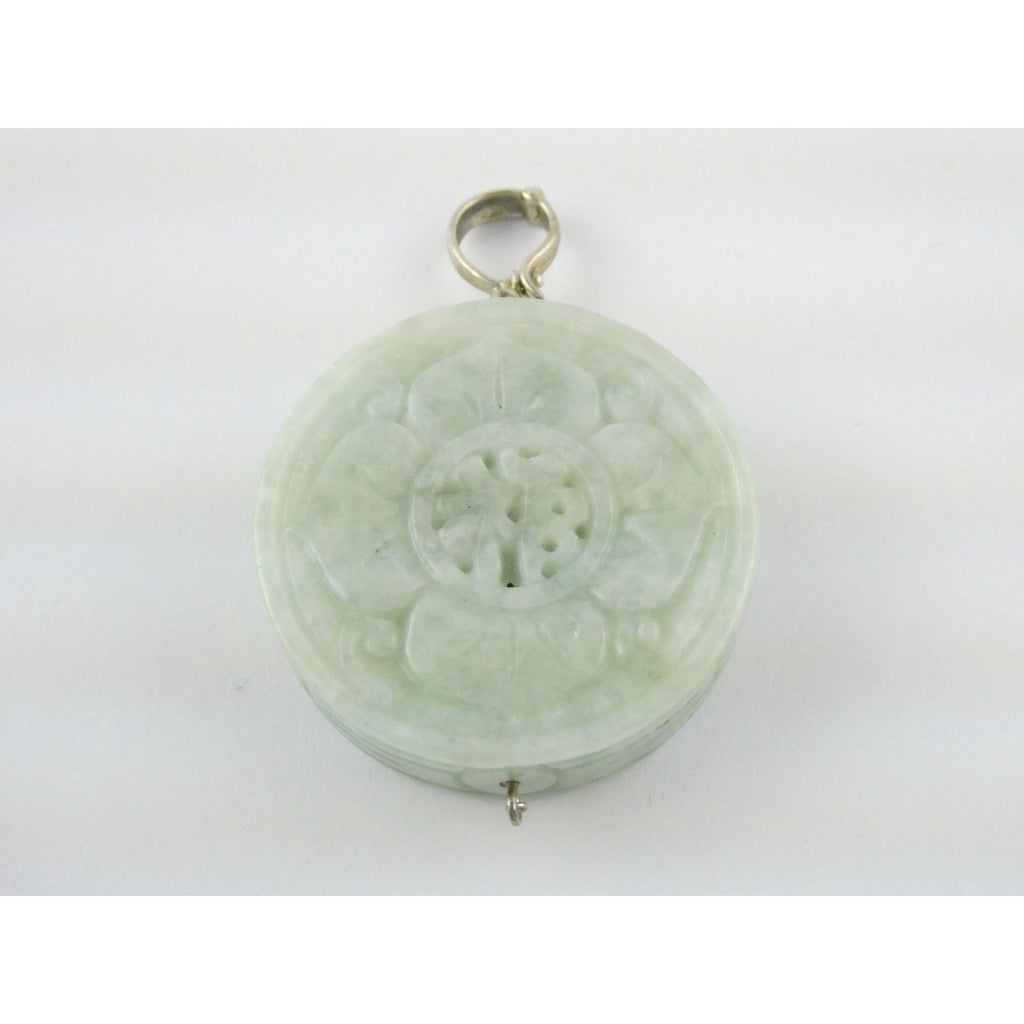 Antique Sterling Silver Chinese Carved Celadon Jade Disc Pendant Enhancer 45.9g