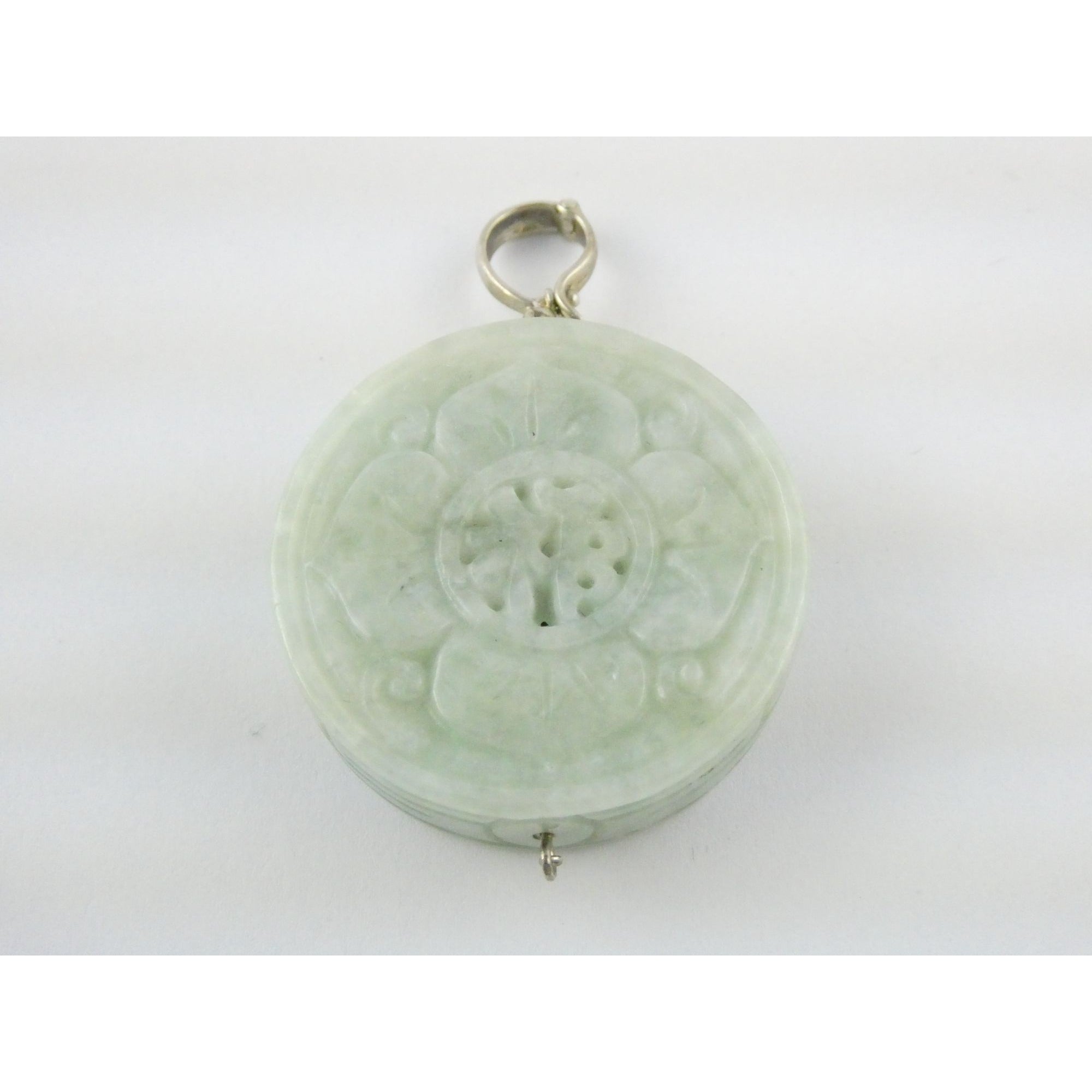 Antique Sterling Silver Chinese Carved Celadon Jade Disc Pendant Enhancer 45.9g