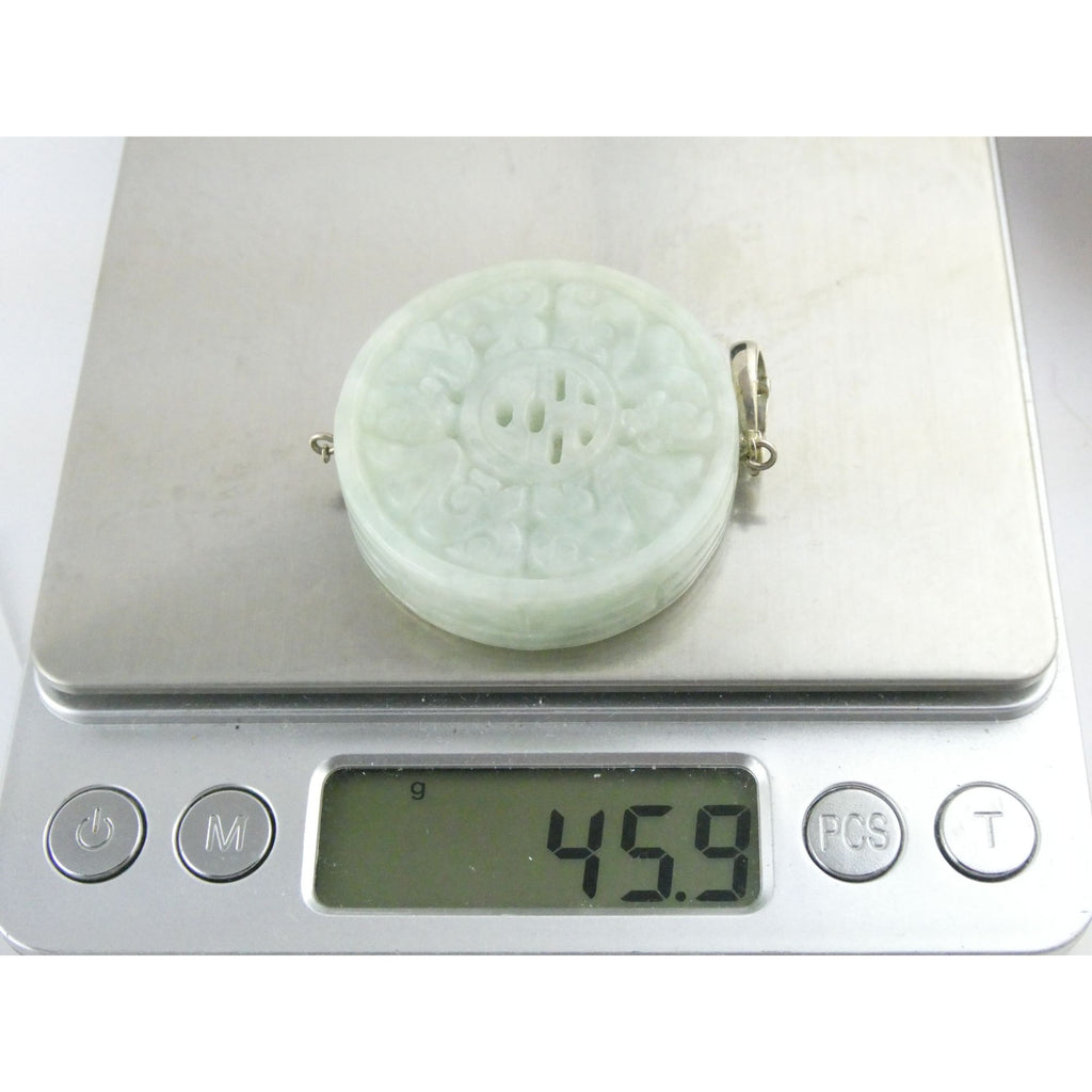 Antique Sterling Silver Chinese Carved Celadon Jade Disc Pendant Enhancer 45.9g