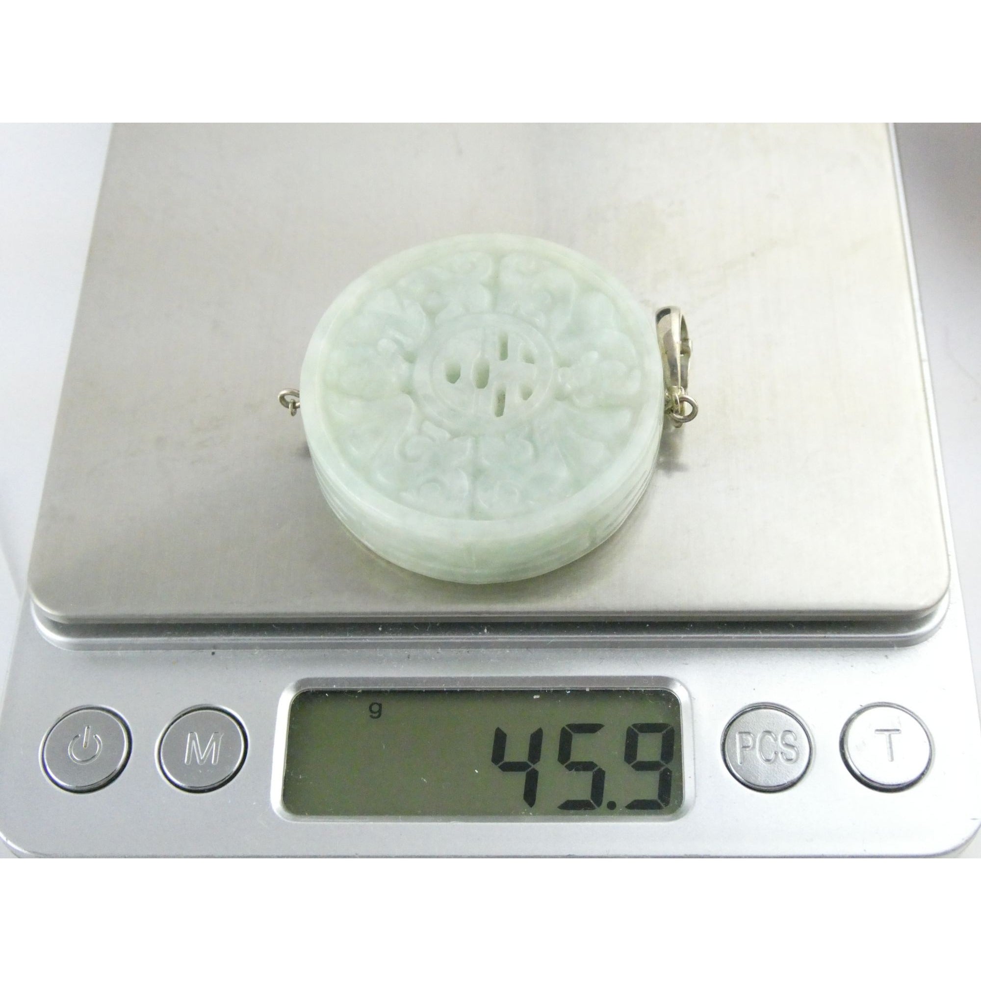 Antique Sterling Silver Chinese Carved Celadon Jade Disc Pendant Enhancer 45.9g