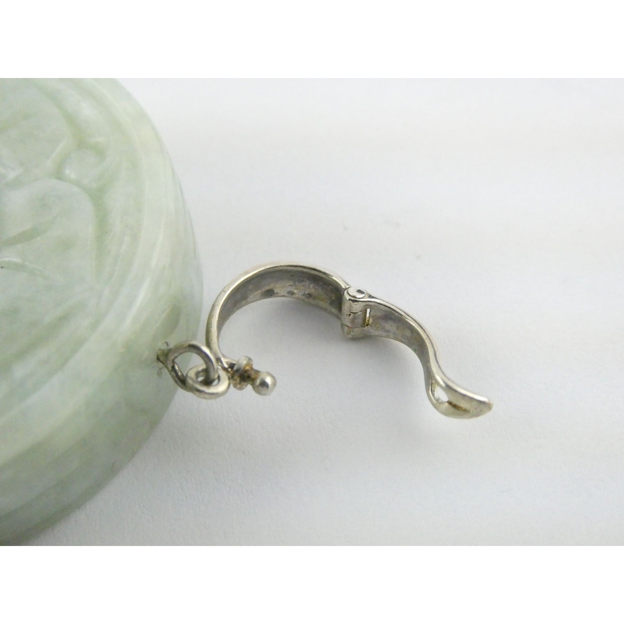 Antique Sterling Silver Chinese Carved Celadon Jade Disc Pendant Enhancer 45.9g