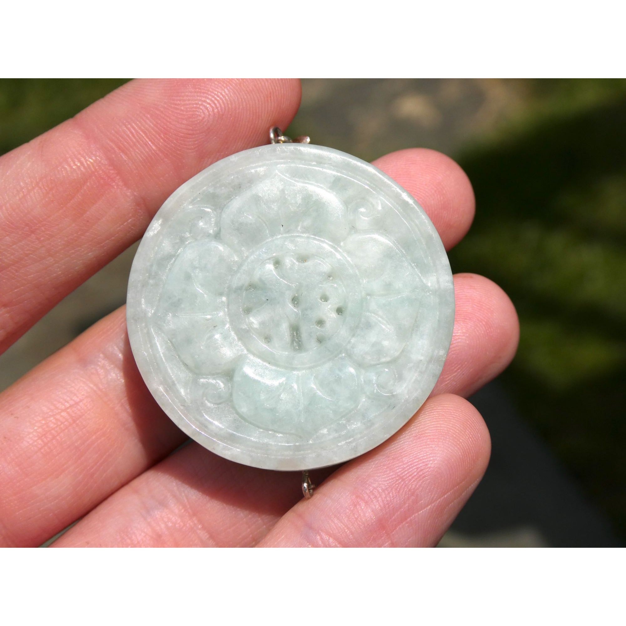Antique Sterling Silver Chinese Carved Celadon Jade Disc Pendant Enhancer 45.9g