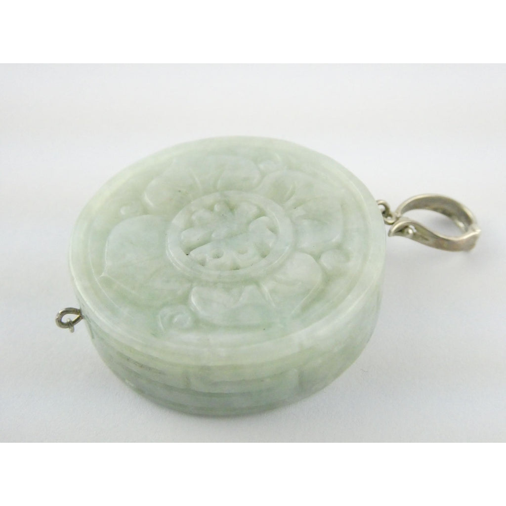 Antique Sterling Silver Chinese Carved Celadon Jade Disc Pendant Enhancer 45.9g