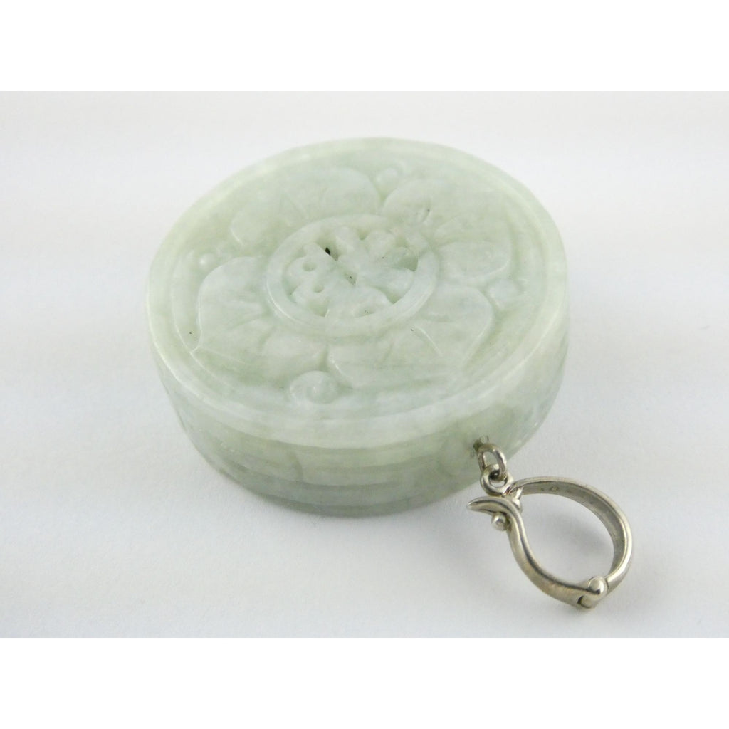 Antique Sterling Silver Chinese Carved Celadon Jade Disc Pendant Enhancer 45.9g