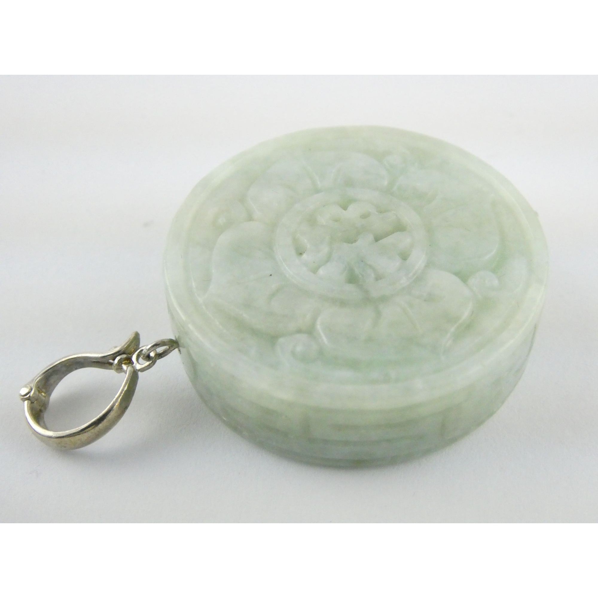 Antique Sterling Silver Chinese Carved Celadon Jade Disc Pendant Enhancer 45.9g