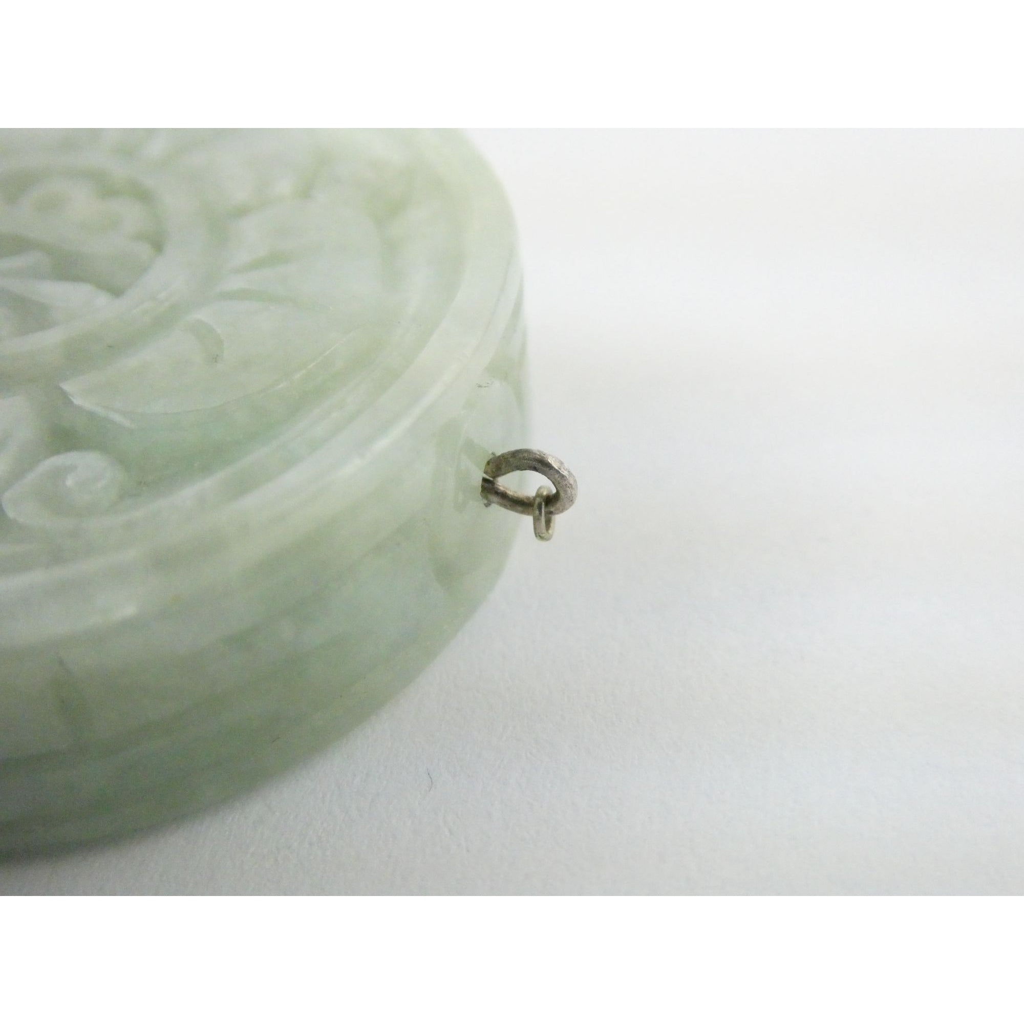 Antique Sterling Silver Chinese Carved Celadon Jade Disc Pendant Enhancer 45.9g