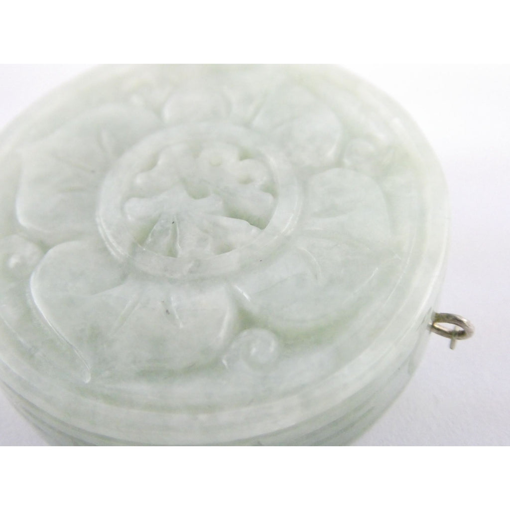 Antique Sterling Silver Chinese Carved Celadon Jade Disc Pendant Enhancer 45.9g