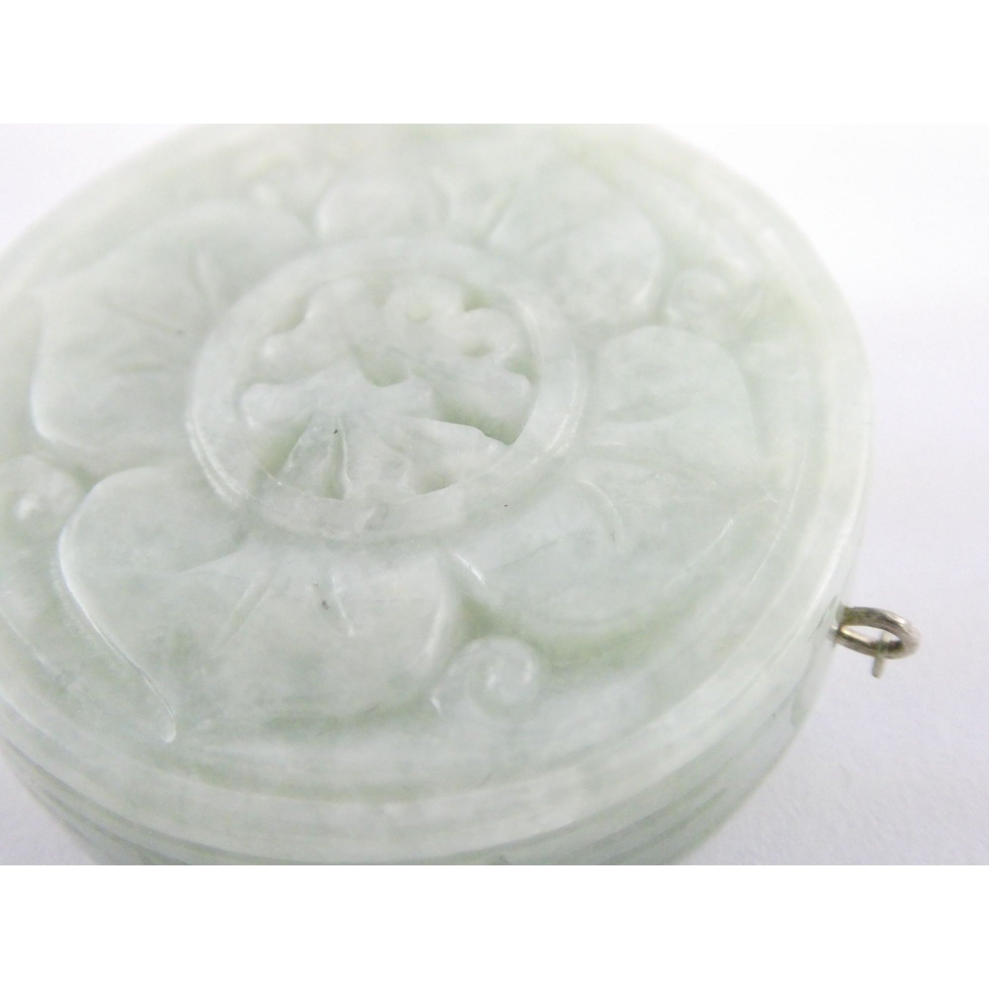 Antique Sterling Silver Chinese Carved Celadon Jade Disc Pendant Enhancer 45.9g