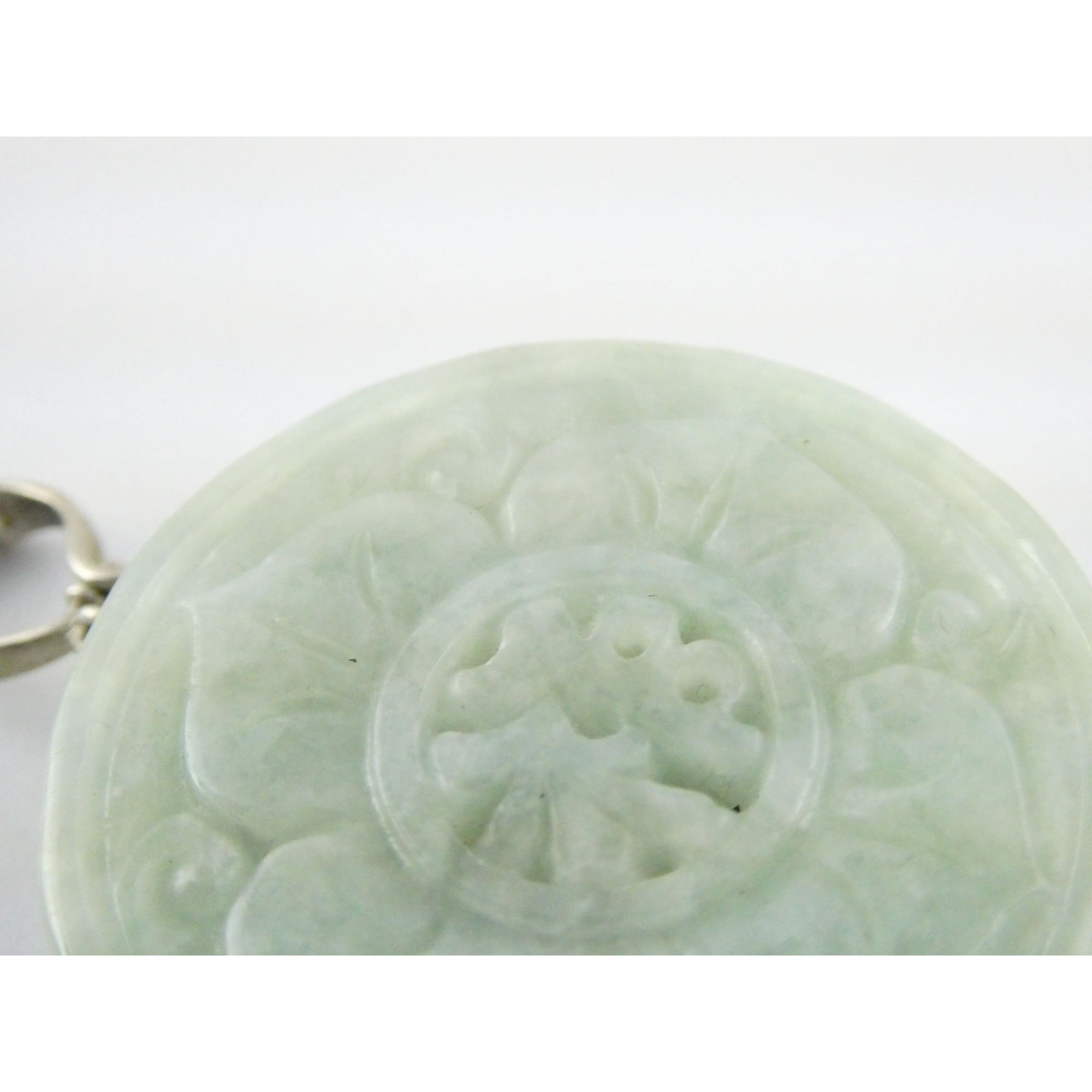 Antique Sterling Silver Chinese Carved Celadon Jade Disc Pendant Enhancer 45.9g