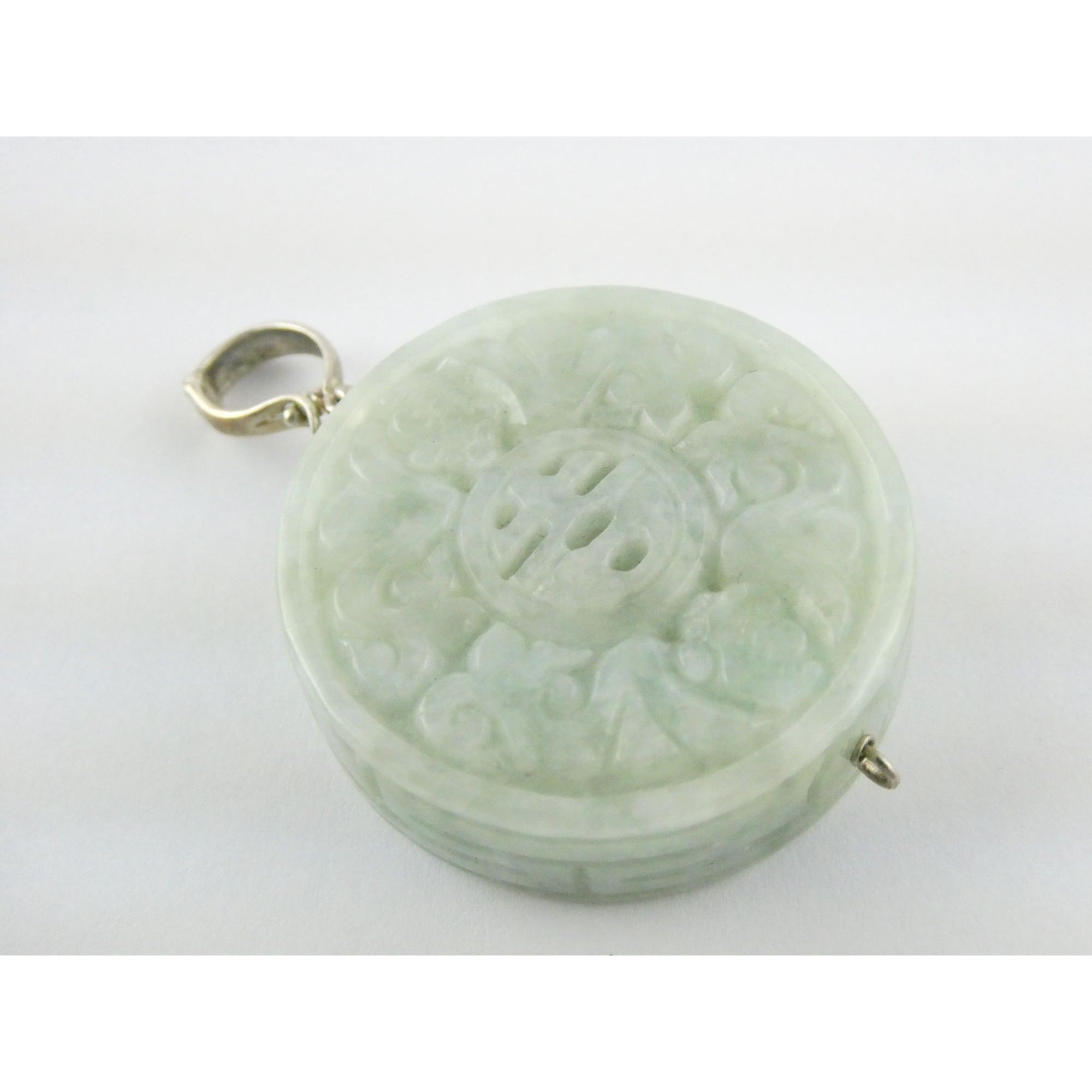 Antique Sterling Silver Chinese Carved Celadon Jade Disc Pendant Enhancer 45.9g