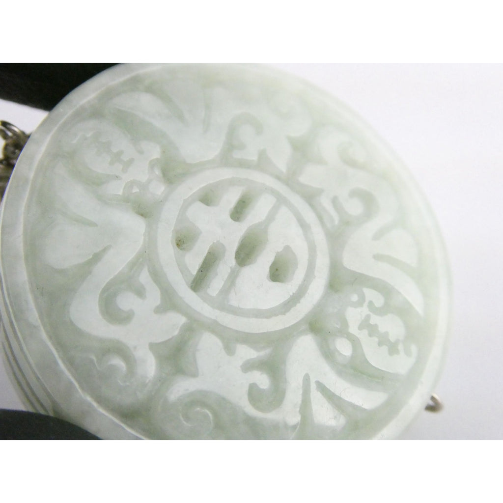 Antique Sterling Silver Chinese Carved Celadon Jade Disc Pendant Enhancer 45.9g