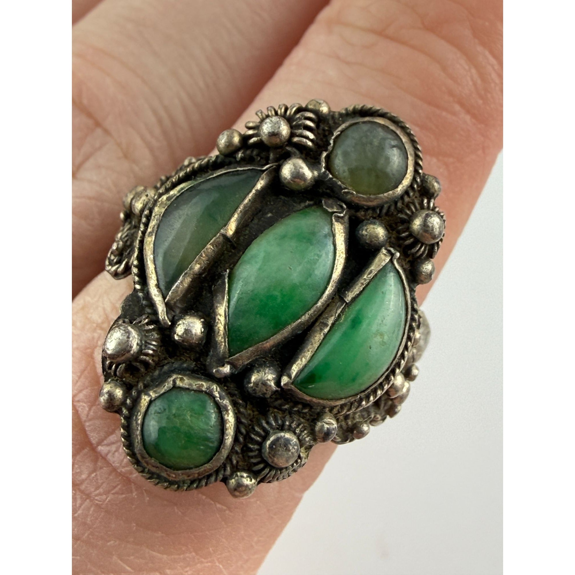 Antique French Indochina Chinese Export Sterling Silver Jade Ring Size 8 6.6g