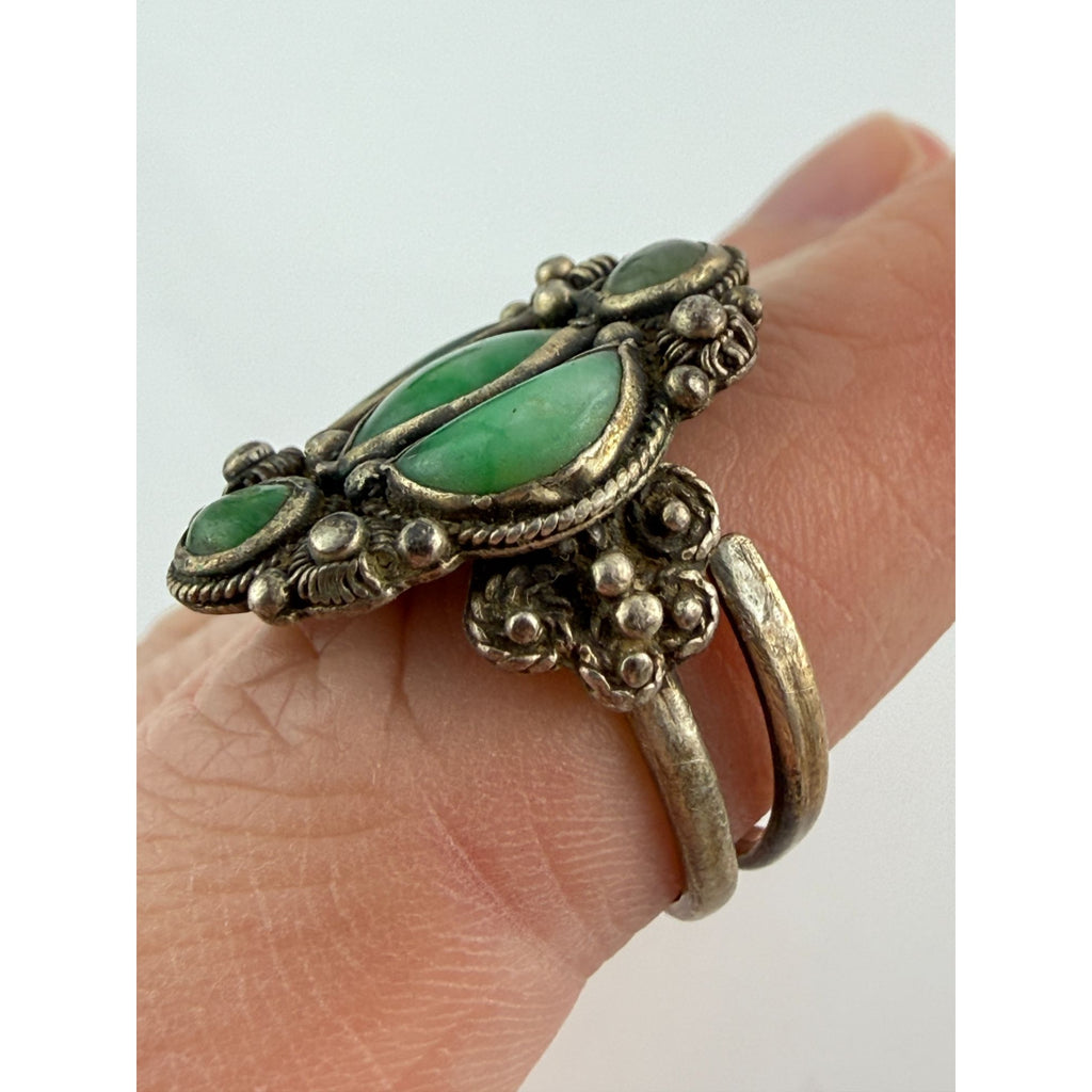 Antique French Indochina Chinese Export Sterling Silver Jade Ring Size 8 6.6g
