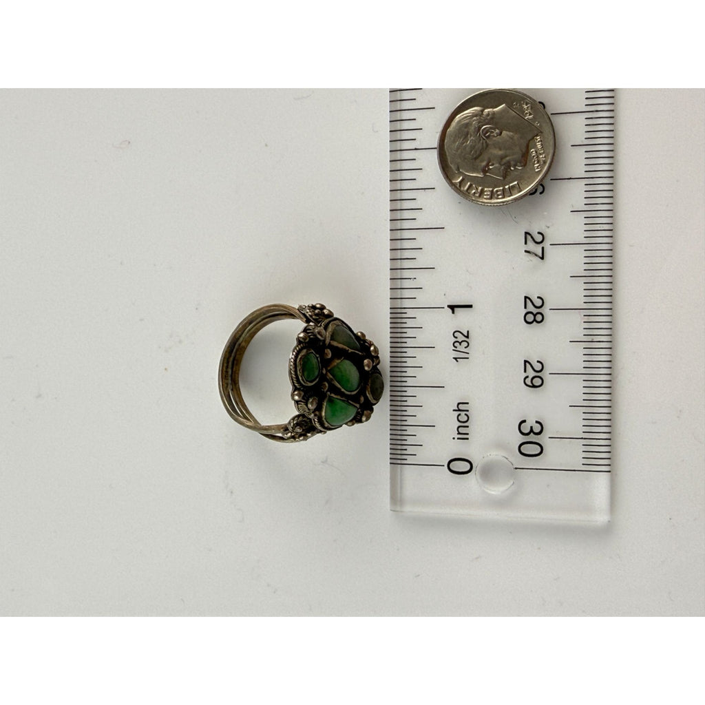 Antique French Indochina Chinese Export Sterling Silver Jade Ring Size 8 6.6g