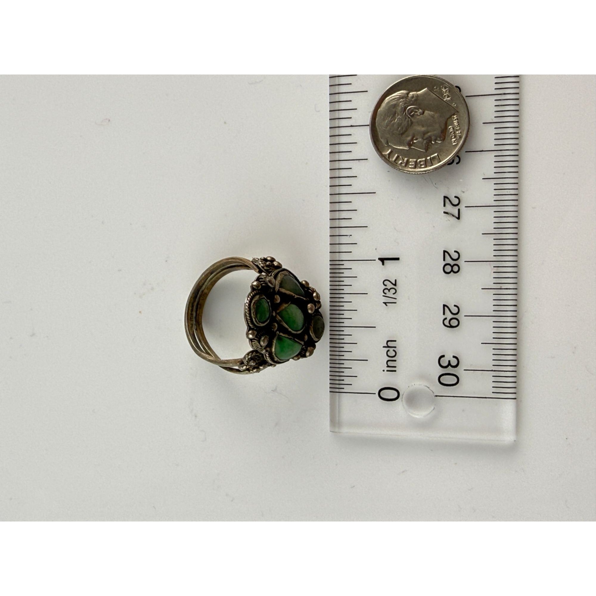 Antique French Indochina Chinese Export Sterling Silver Jade Ring Size 8 6.6g