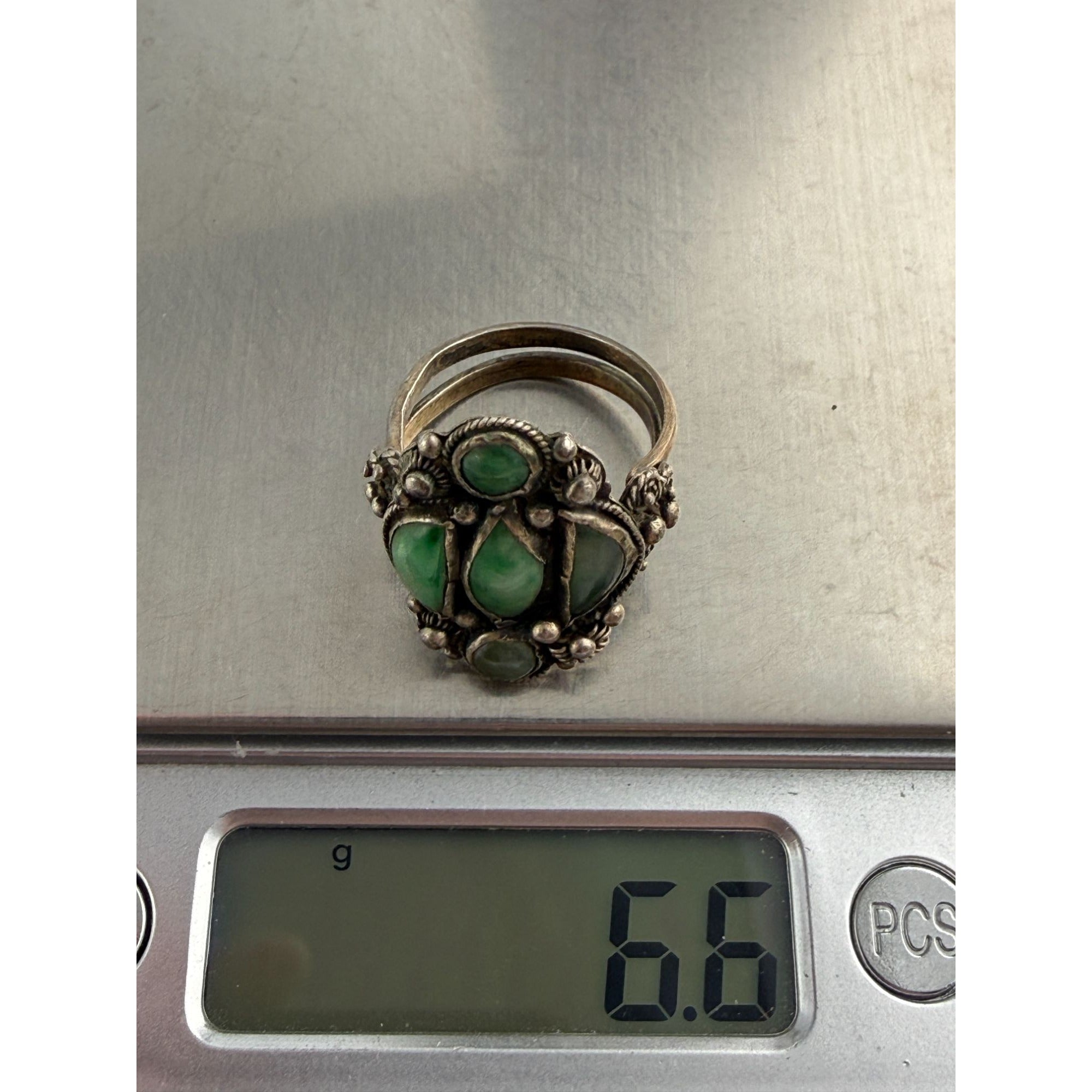 Antique French Indochina Chinese Export Sterling Silver Jade Ring Size 8 6.6g